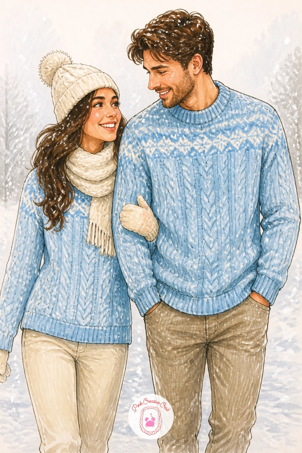 Couple In Matching Sweaters On A Snowy Walk — Step outside for this one, a couple in matching knit sweaters walking through snow. Sweater drawing