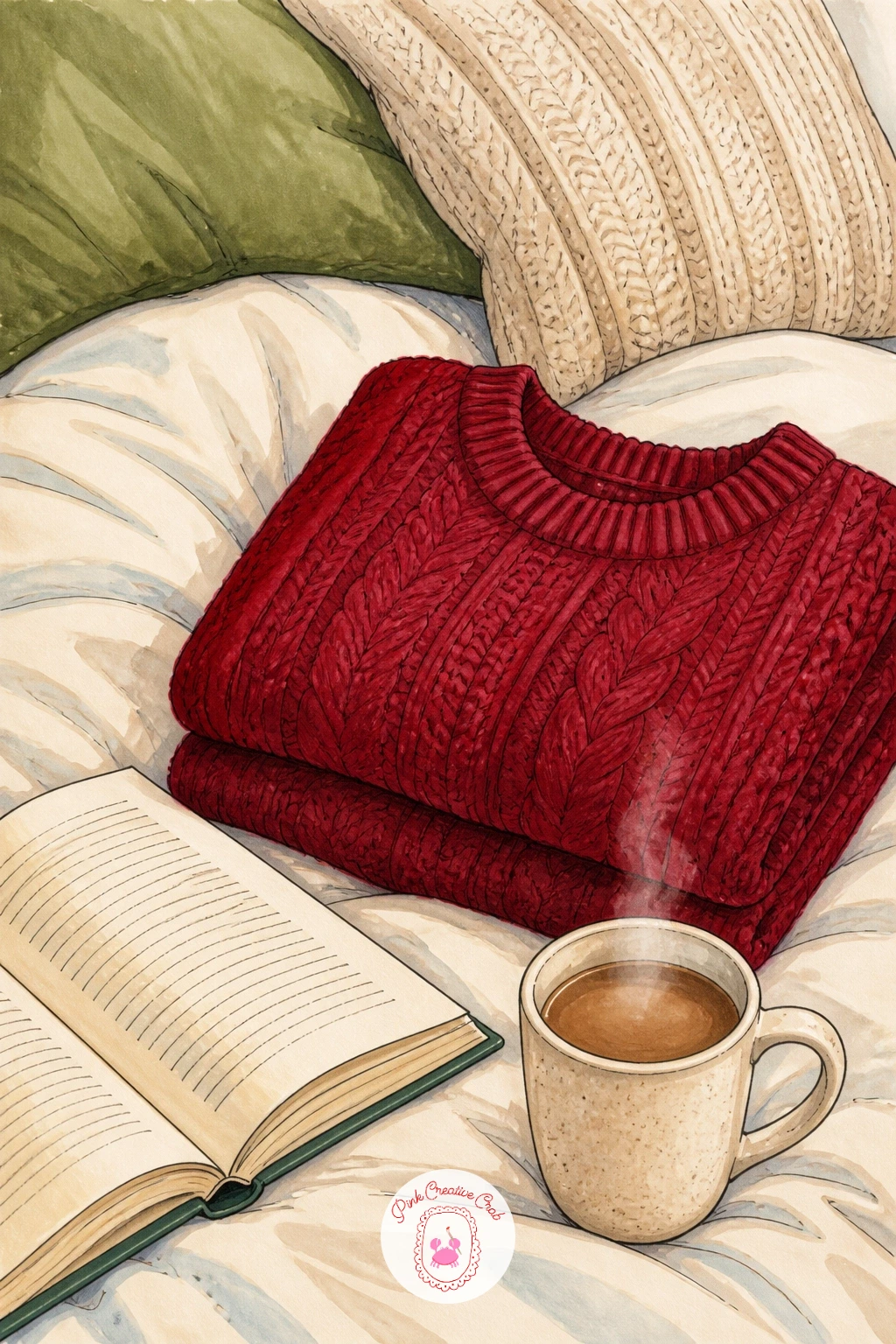 Folded Sweater On A Bed With Book And Drink — Slow the pace with a still life, a folded sweater on a bed beside a book and a hot drink. Sweater drawing