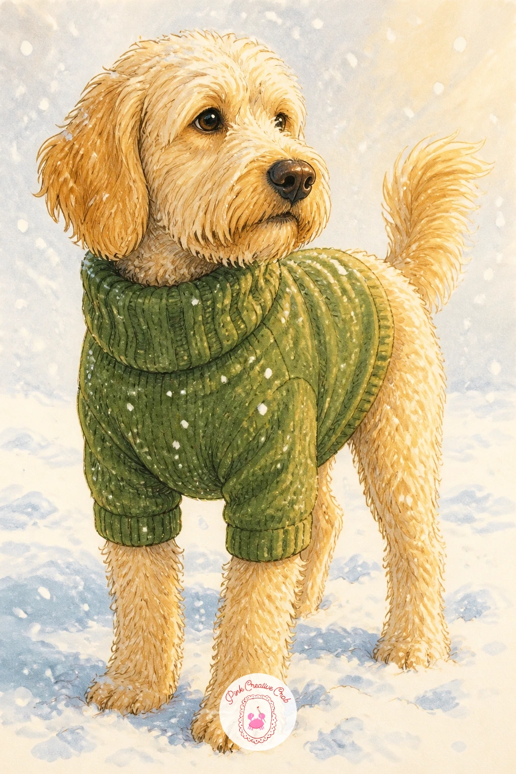 Dog In A Moss Green Turtleneck In The Snow — Bring in a dog next, wearing a moss green turtleneck sweater and standing in snow. Sweater drawing