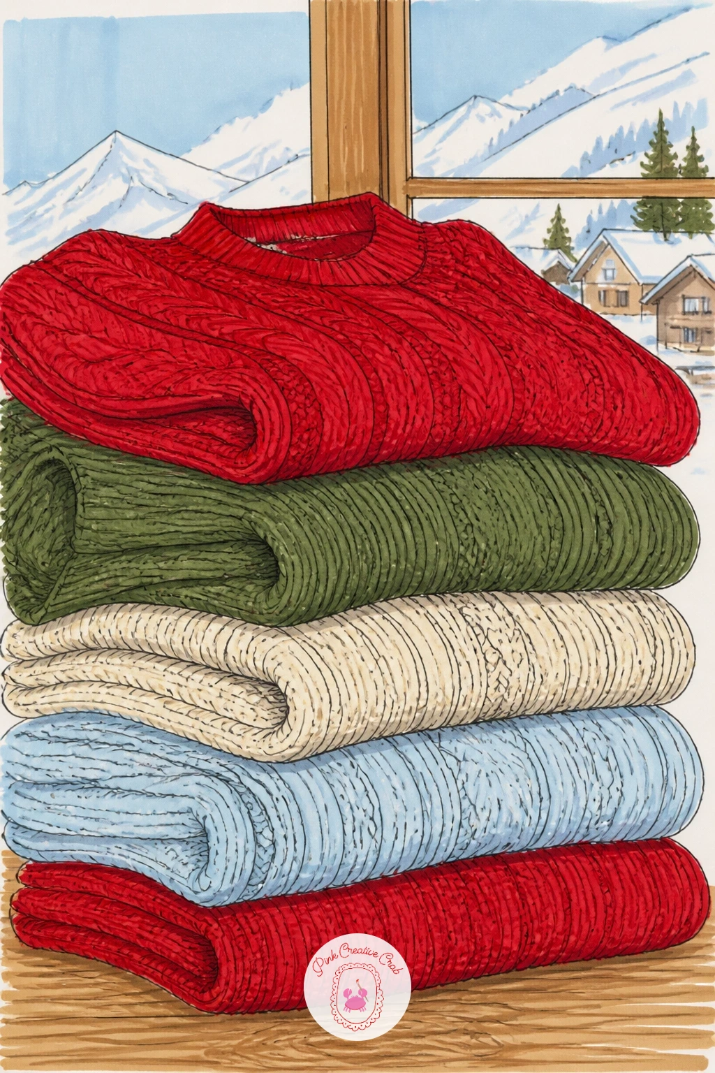 Pile Of Sweaters On A Ski Village Shop Table — Widen the scene for a pile of knitted sweaters stacked on a shop table in a ski village. Sweater drawing