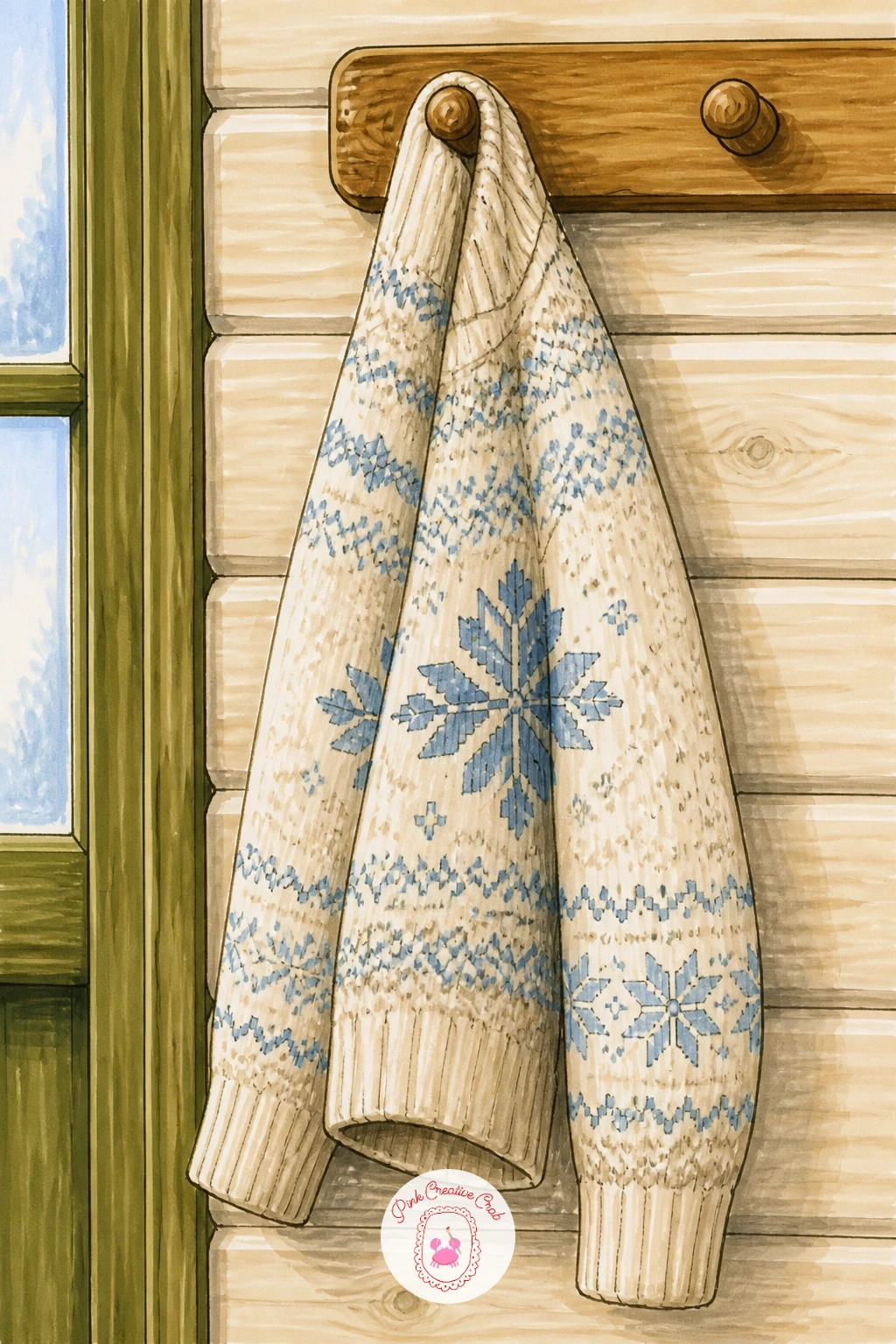 Nordic Sweater Hanging On A Cabin Peg — Settle into a cabin hallway next, with a Nordic sweater hanging alone on a wooden peg. Sweater drawing