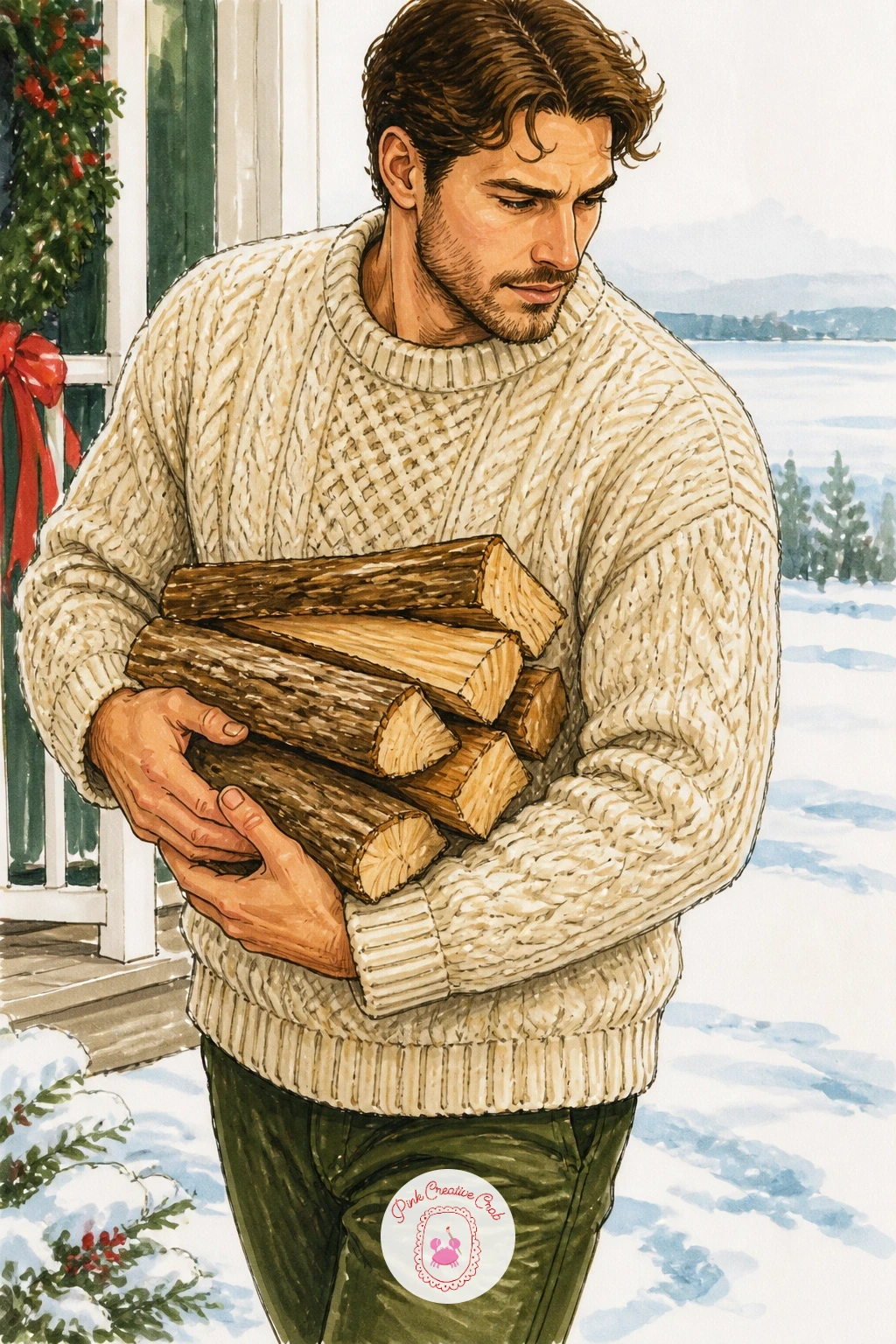Man Carrying Firewood In A Fisherman Sweater — Bring in some movement with a man in a thick fisherman sweater carrying firewood to the porch. Sweater drawing