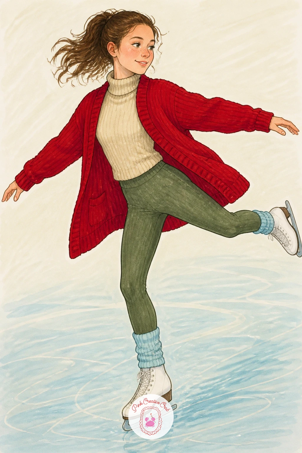 Girl Ice Skating In A Cherry Red Cardigan — Pick up the pace again with a girl ice skating in a cherry red cardigan. Sweater drawing