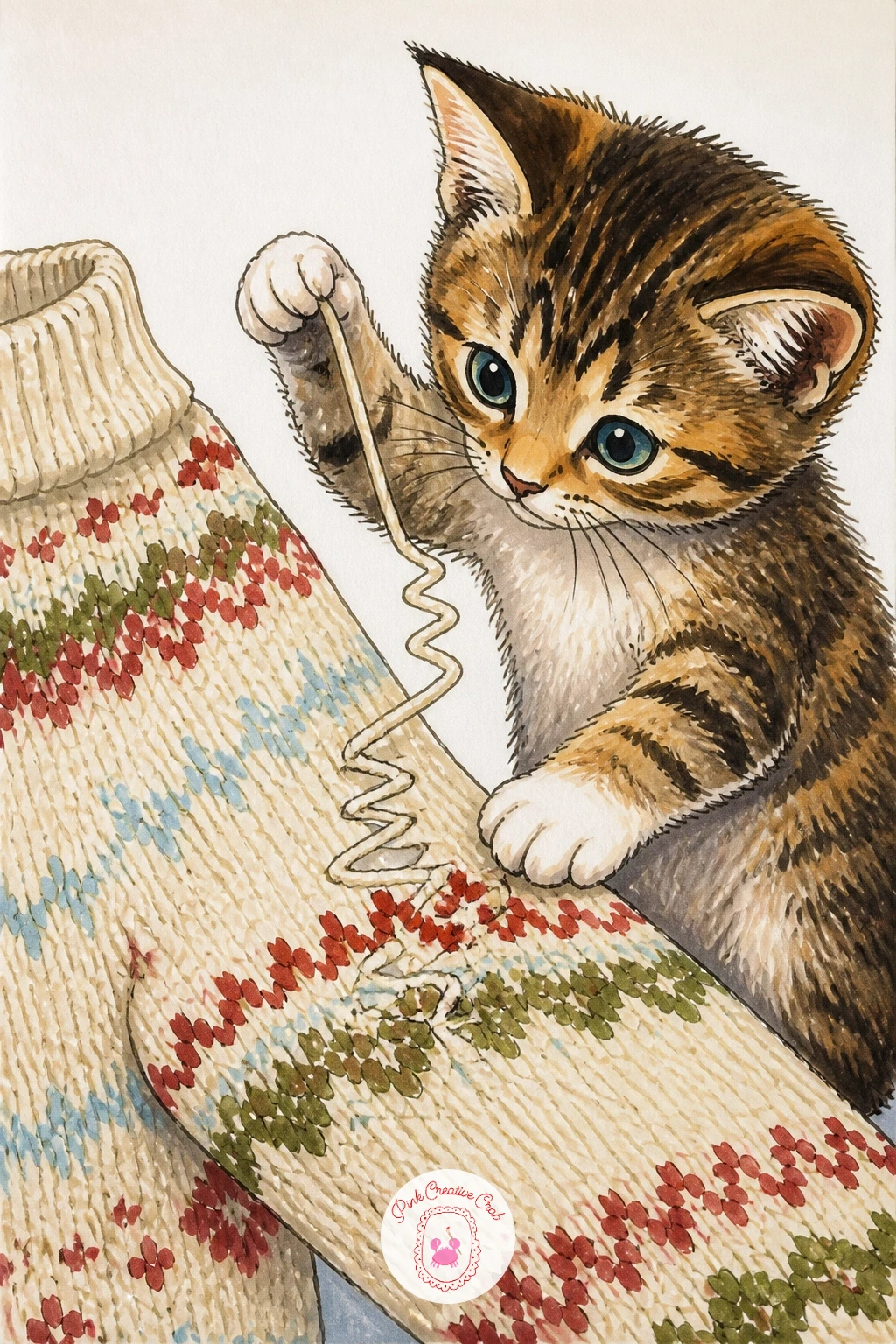 Kitten Unraveling A Sweater Sleeve — Add some mischief with a kitten unraveling a sweater by pulling one loose yarn end. Sweater drawing
