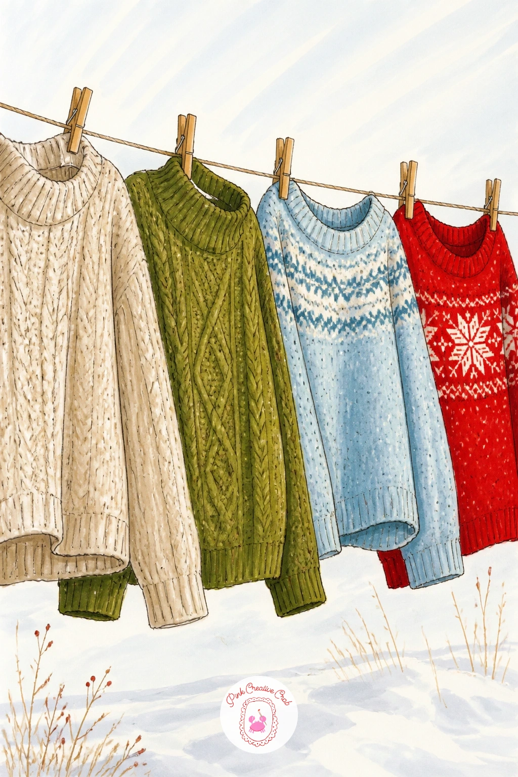 Line Of Sweaters Drying In Pale Winter Sun — Step back outside for a line of sweaters drying in pale winter sun on a washing line. Sweater drawing
