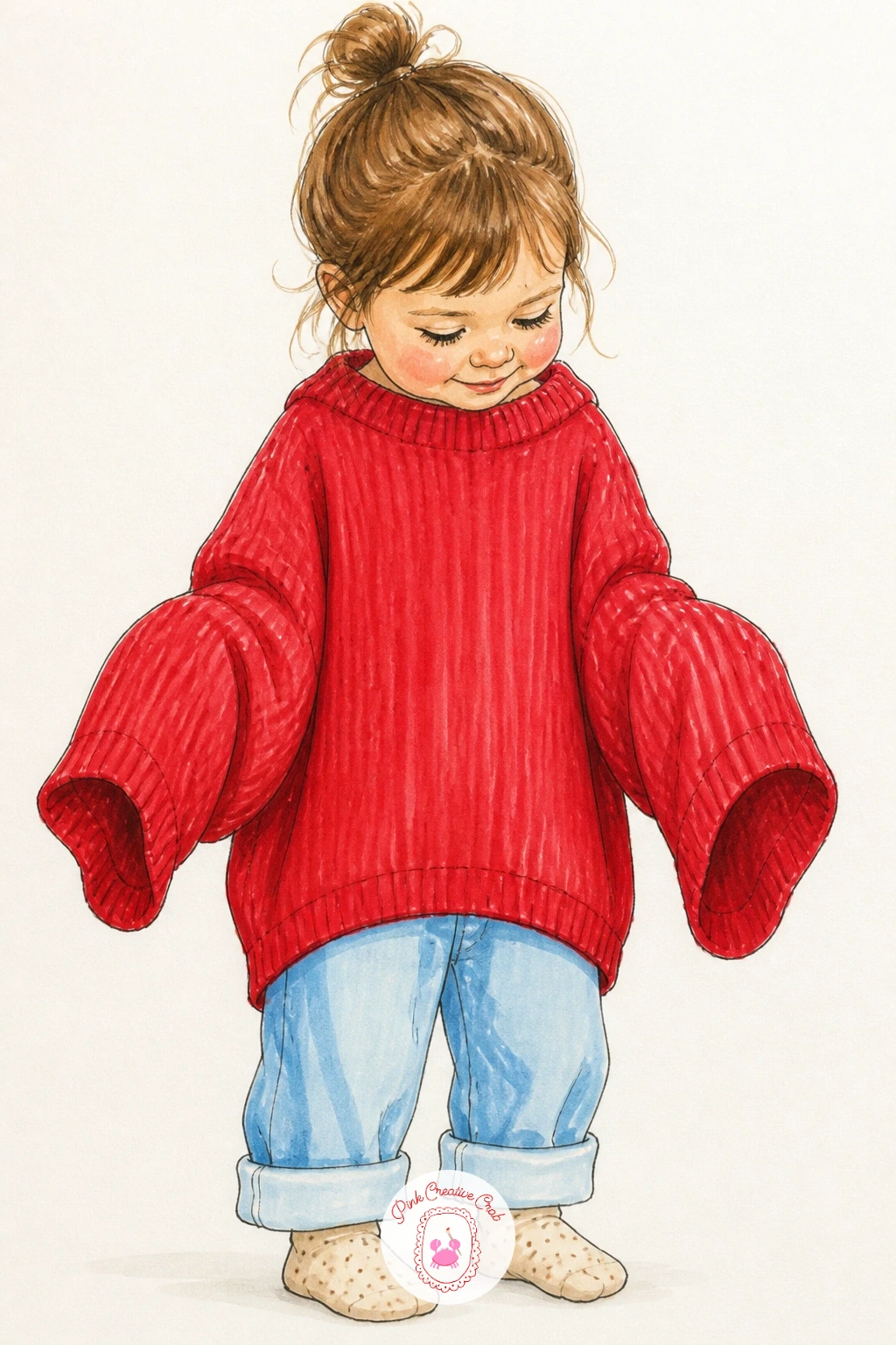 Toddler In A Sweater With Sleeves Too Long — Bring warmth back indoors with a toddler wearing a sweater so big the sleeves hang past her hands. Sweater drawing