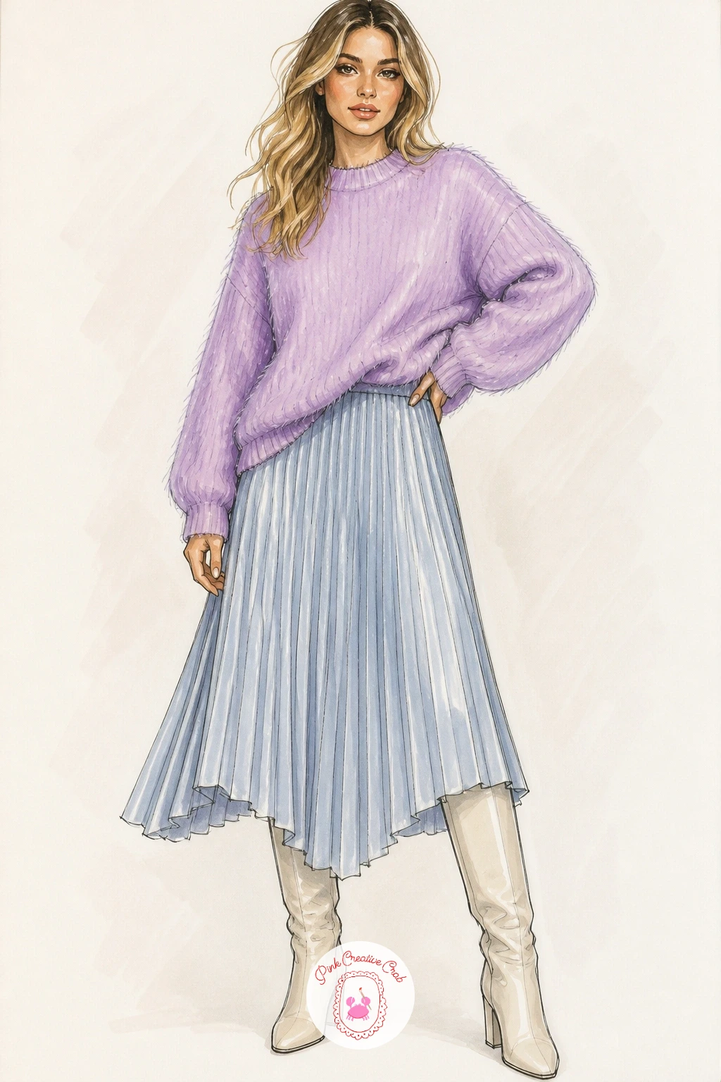 Lilac Mohair Sweater With Pleated Skirt — Shift into a fashion moment, a lilac mohair sweater worn with a pleated skirt and boots. Sweater drawing