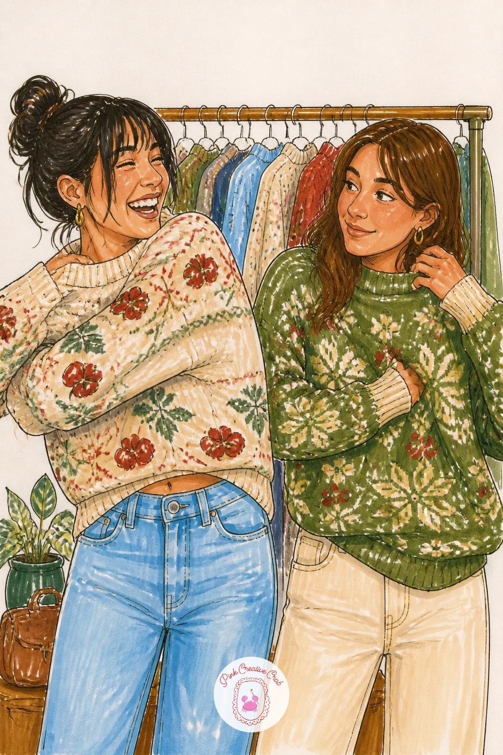 Friends Trying On Thrifted Sweaters — Fill the page with energy for friends trying on thrifted sweaters in a vintage shop. Sweater drawing