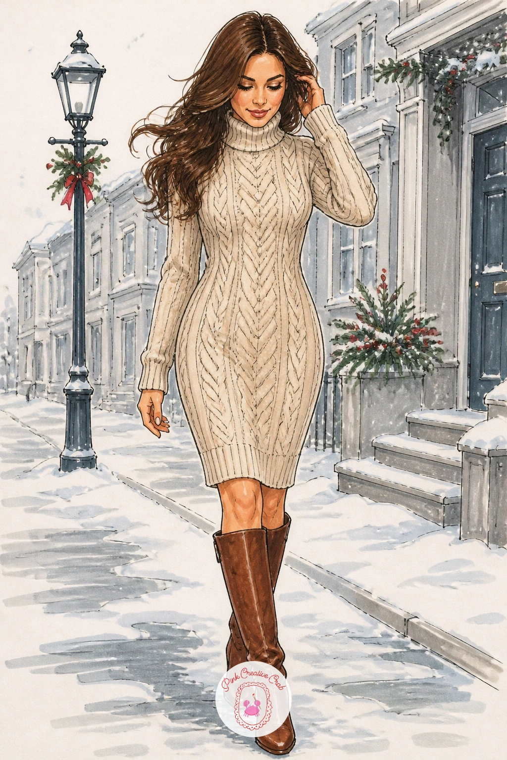 Cable Knit Sweater Dress On A Snowy Street — Build on the earlier cable knit jumper with a full cable knit sweater dress worn with knee boots on a snowy