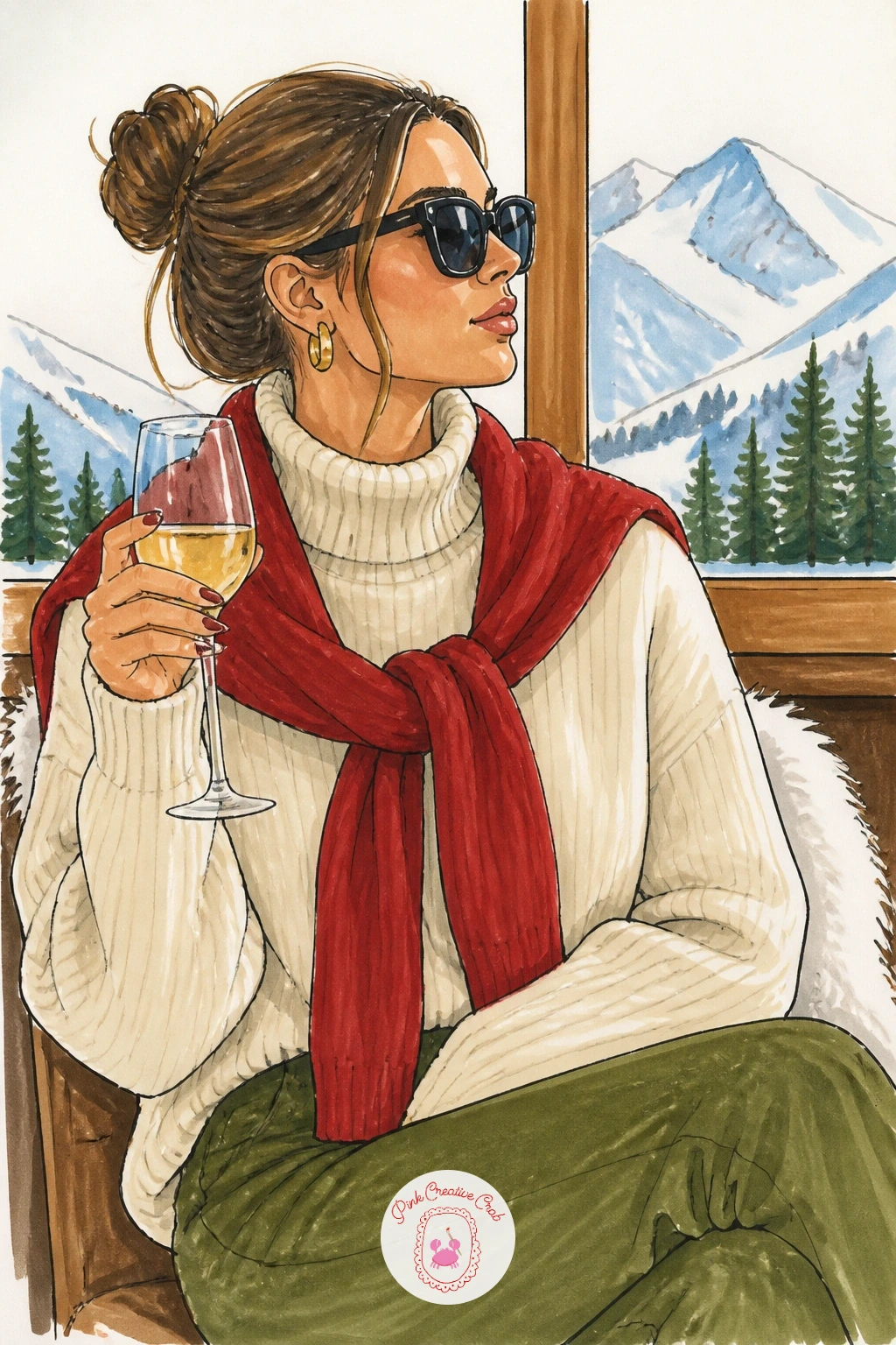 Sweater Tied Over The Shoulders At Apres-Ski — Move to a lodge table for a sweater tied over the shoulders at an apres-ski gathering. Sweater drawing
