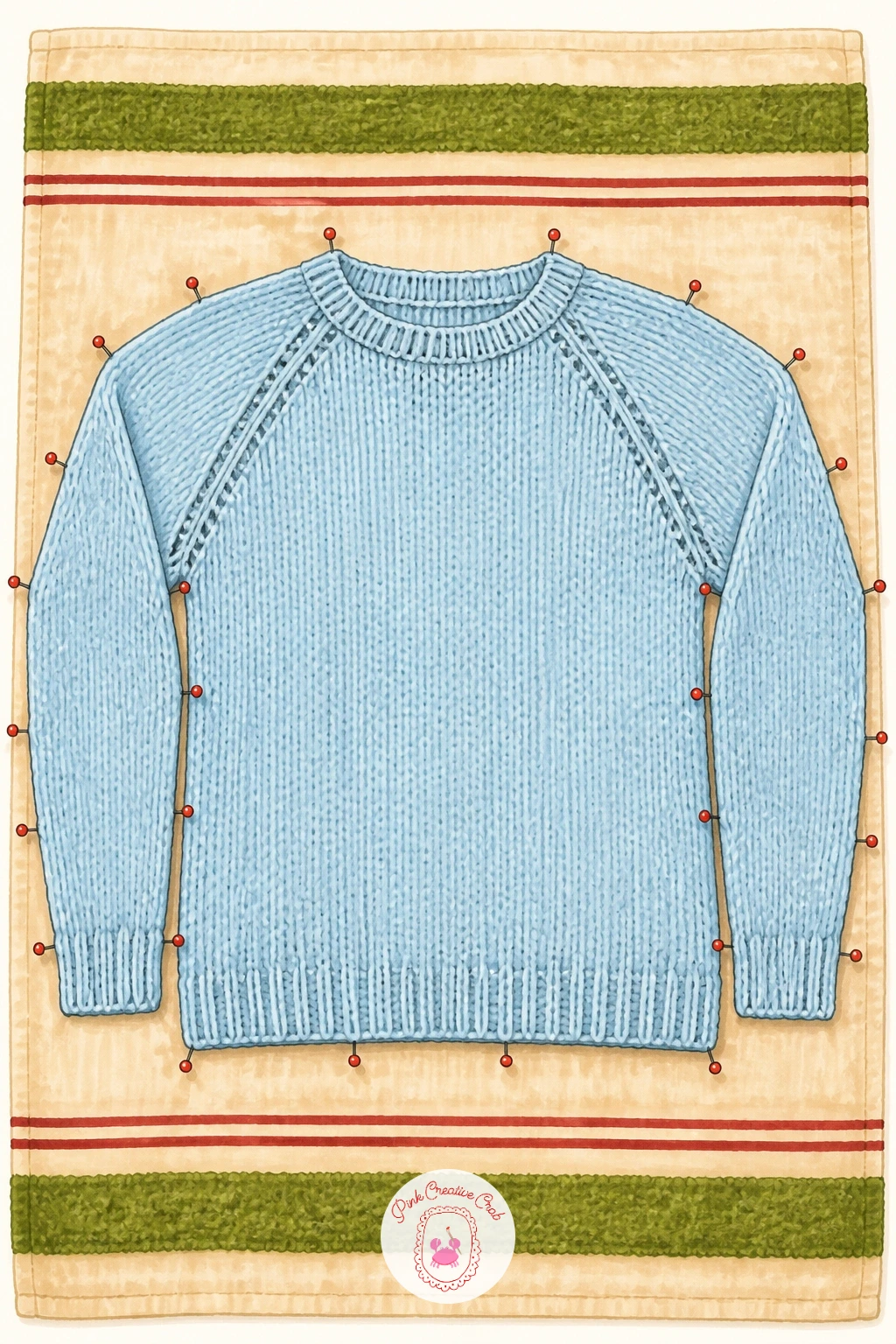 Hand-Knit Sweater Blocked Flat On Towels — Slow right down for a hand-knit sweater blocked flat on towels to dry, a scene any knitter will recognize. Sweater