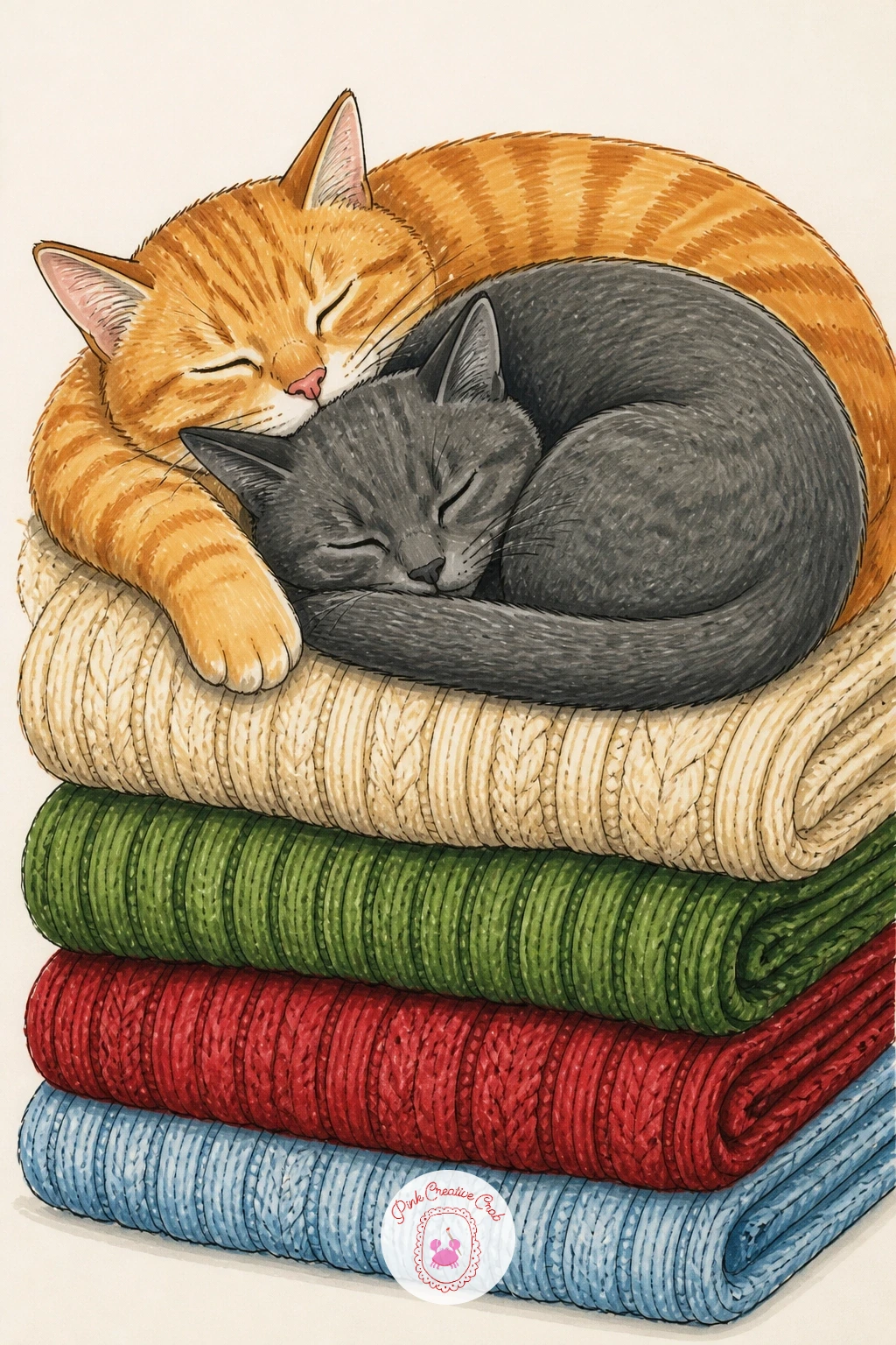 Two Cats Asleep On Folded Sweaters — Return to cats for two of them asleep together on a pile of folded sweaters. Sweater drawing