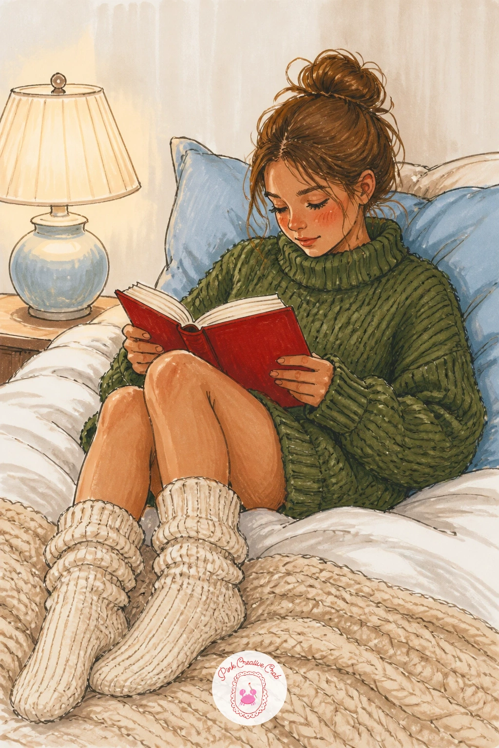 Girl Reading In Bed In A Chunky Sweater — Settle into bedtime with a girl reading in bed wearing a chunky sweater and wool socks. Sweater drawing