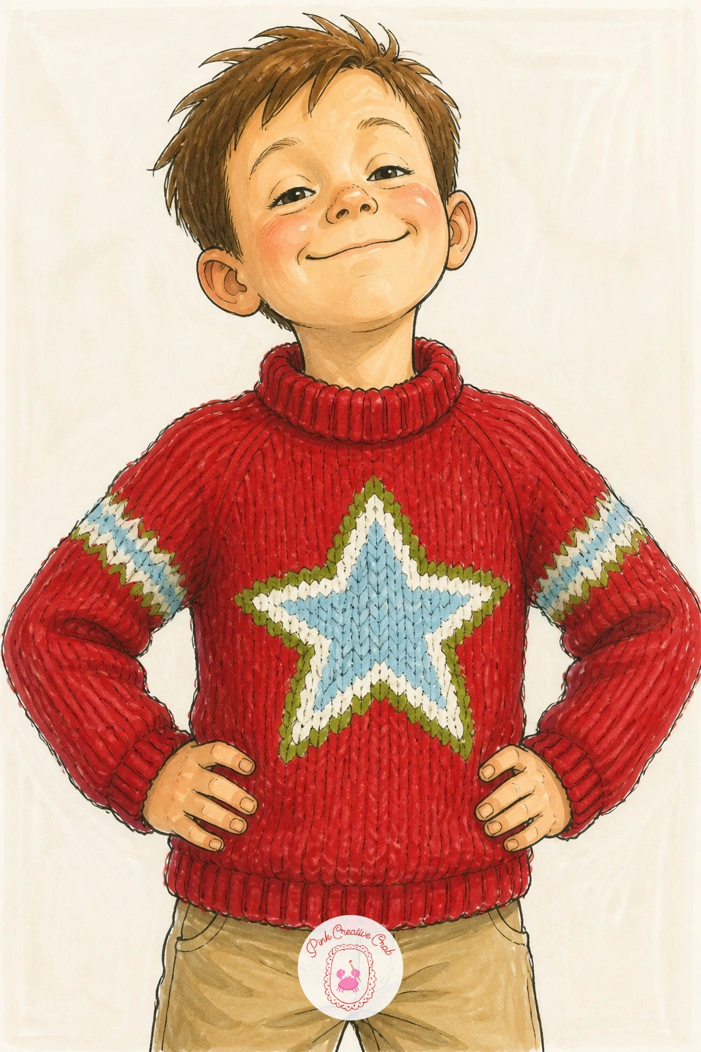 Boy Proudly Wearing His Aunt's Hand-Knit Sweater — Give the scene a little pride with a boy proudly wearing a sweater his aunt knitted for him. Sweater drawing
