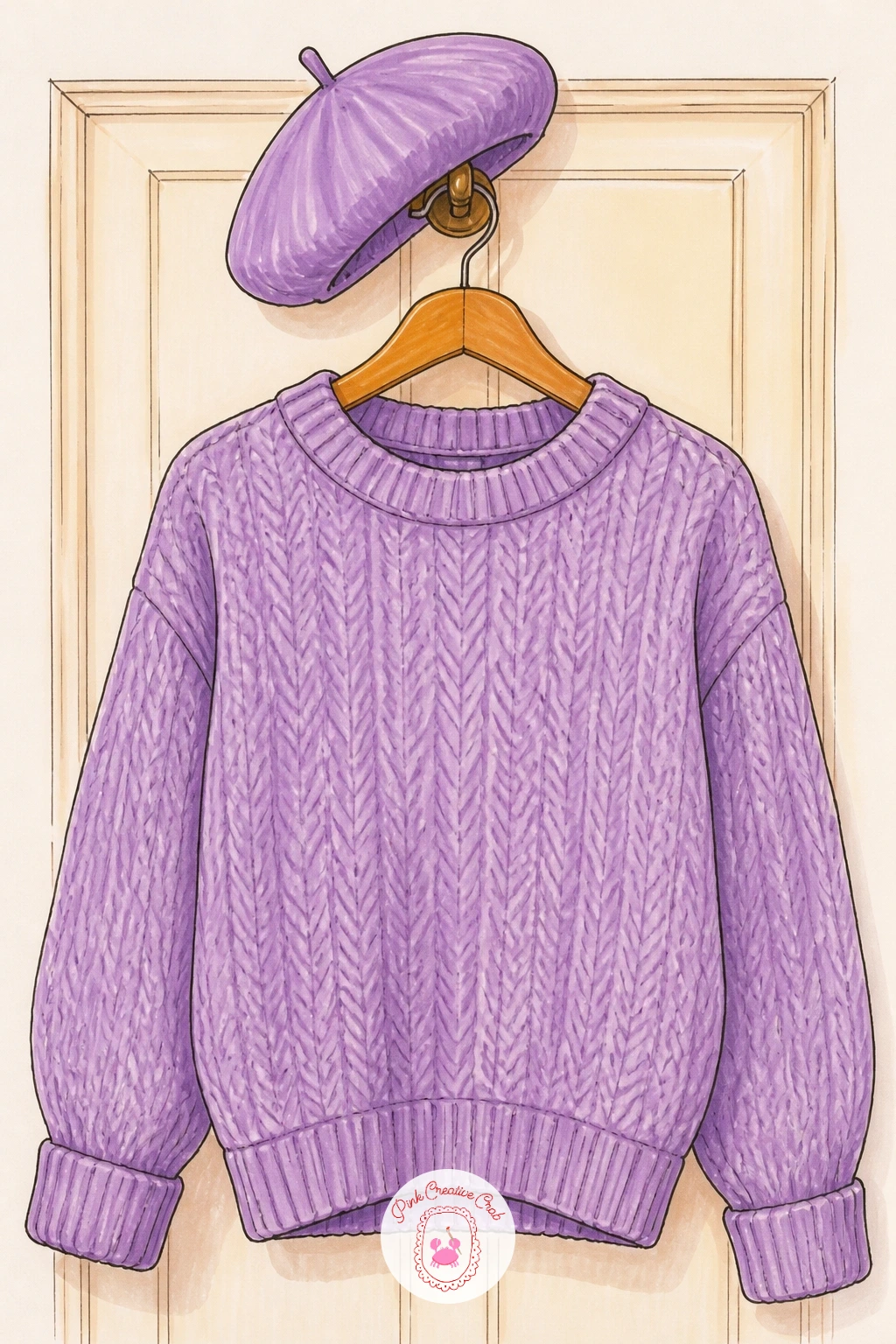Sweater On A Wardrobe Hanger With Matching Beret — Bring the article full circle with a sweater on a wardrobe door hanger paired with a matching beret. Sweater