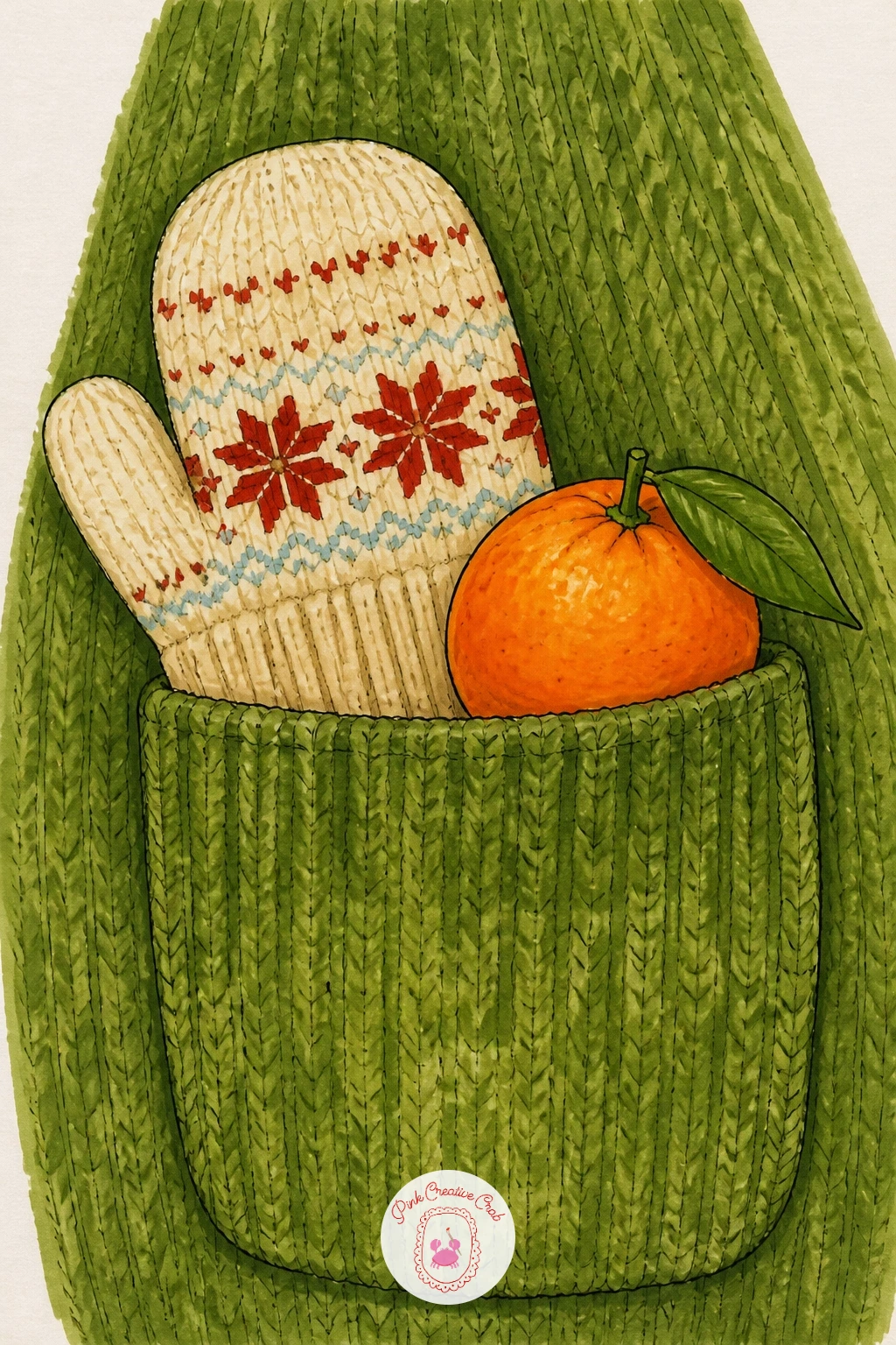 Cardigan Pocket With A Mitten And Clementine — Close the list on a tiny detail, a cardigan pocket with a mitten and a clementine poking out of it. Sweater