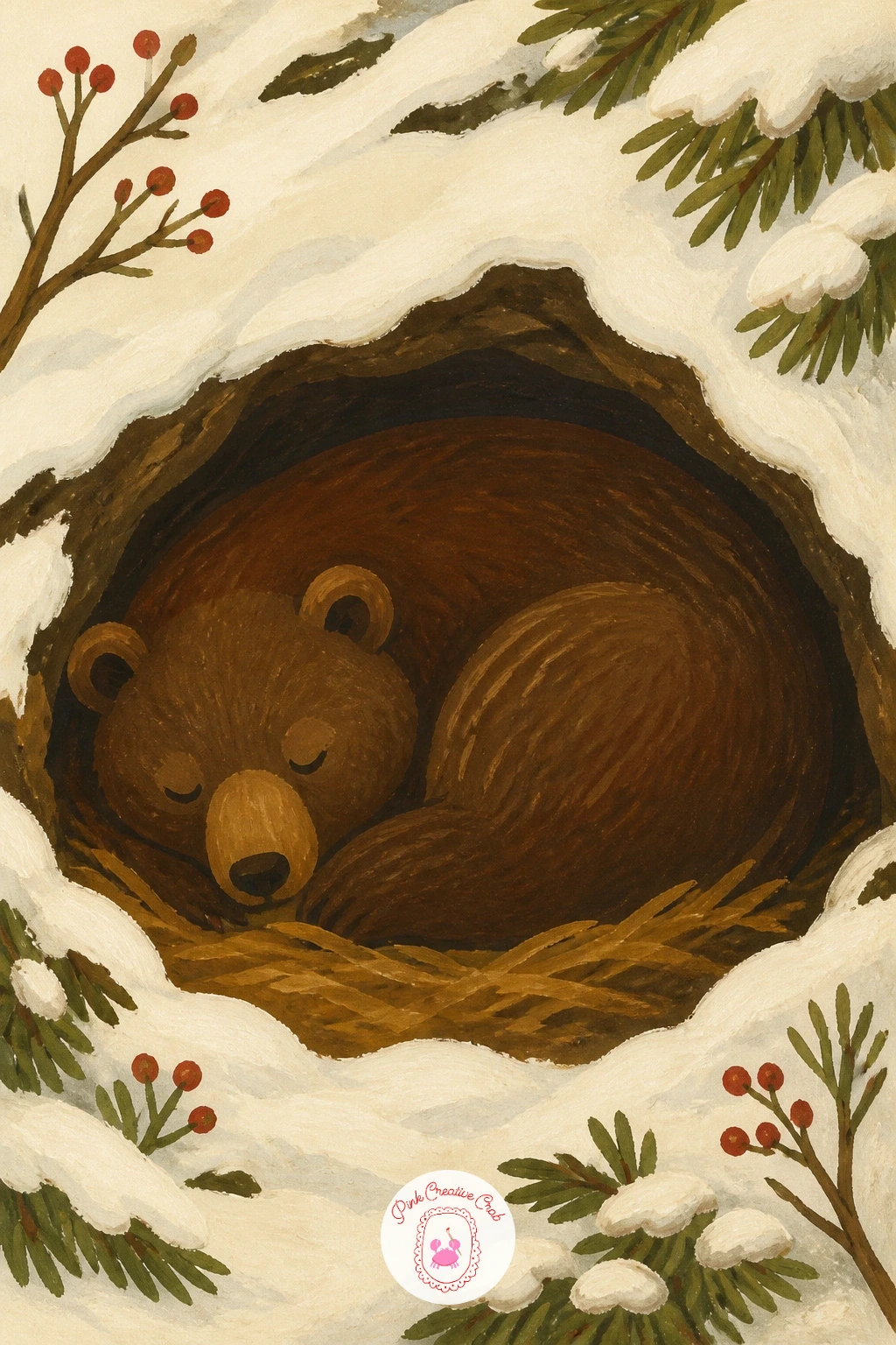 Sleeping Bear in a Snowy Den — Start with the easiest shape in the whole set: a brown bear curled into a comma, nose tucked near its tail, inside a rounded den