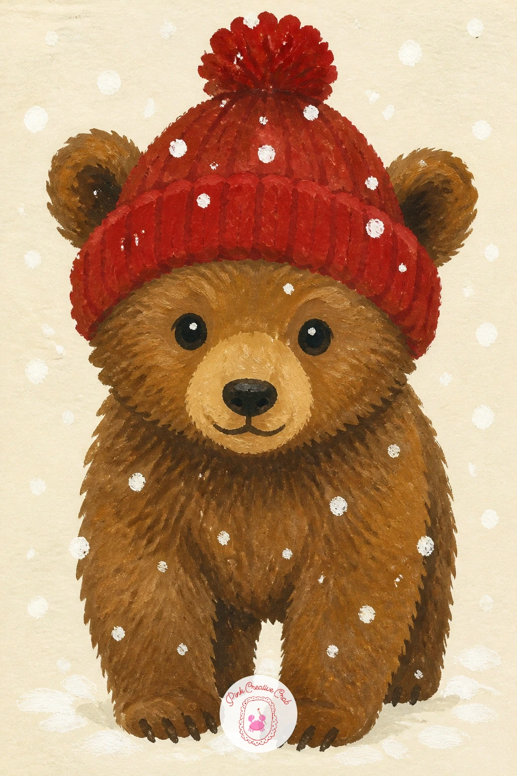 Cub in a Cherry Red Knit Hat — Move from a sleeping shape to a standing one with this cheerful cub, wearing a cherry red knit hat while snow falls around it.