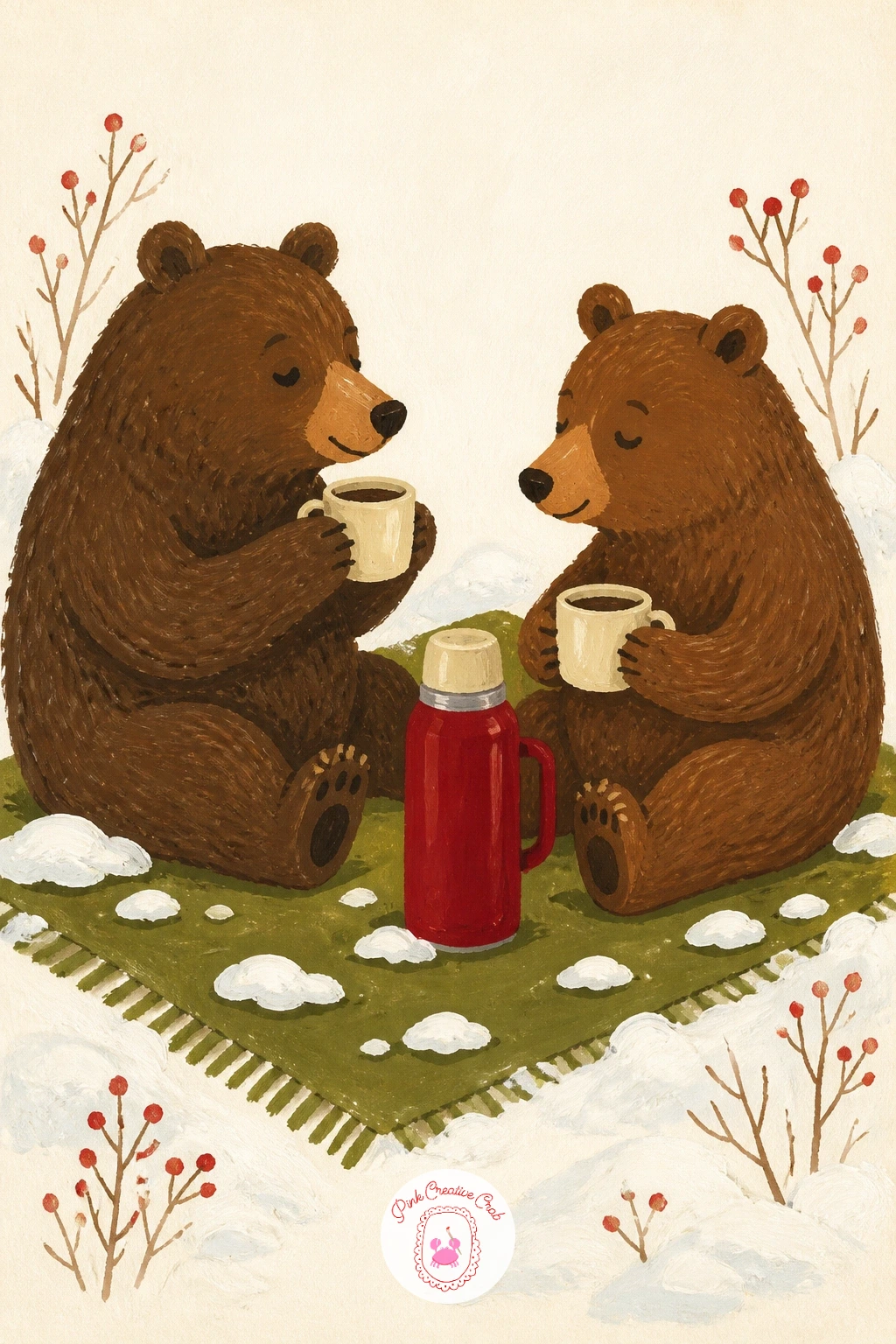 Snowy Picnic With a Thermos of Cocoa — Two bears having a snowy picnic gives you a chance to practice a small still life inside a bigger scene. Bear