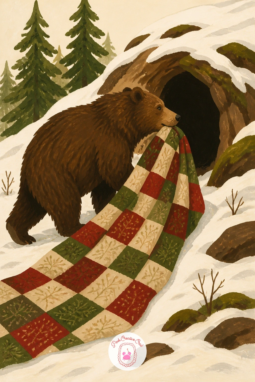 Dragging a Patchwork Quilt Into the Den — This scene adds motion to the usual sleepy bear subject, so lean into the diagonal. Bear illustration