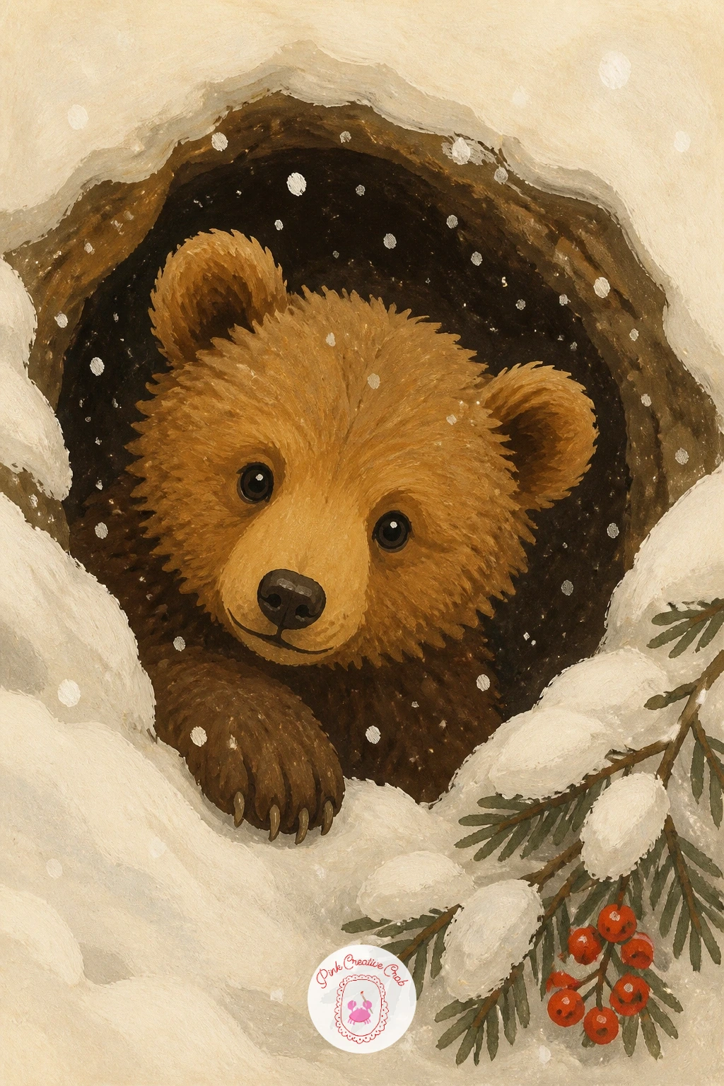 Cub Peeking at the First Snowfall — Set the eye level low for this one, right at the den mouth, so the viewer feels like they are peeking out alongside the