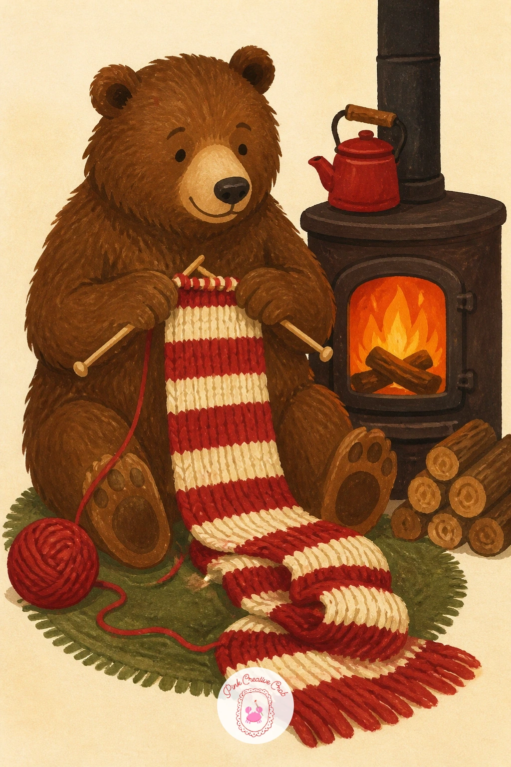 Knitting a Striped Scarf by the Woodstove — Here the challenge is small hands holding small needles, so simplify rather than fuss over detail. Bear illustration