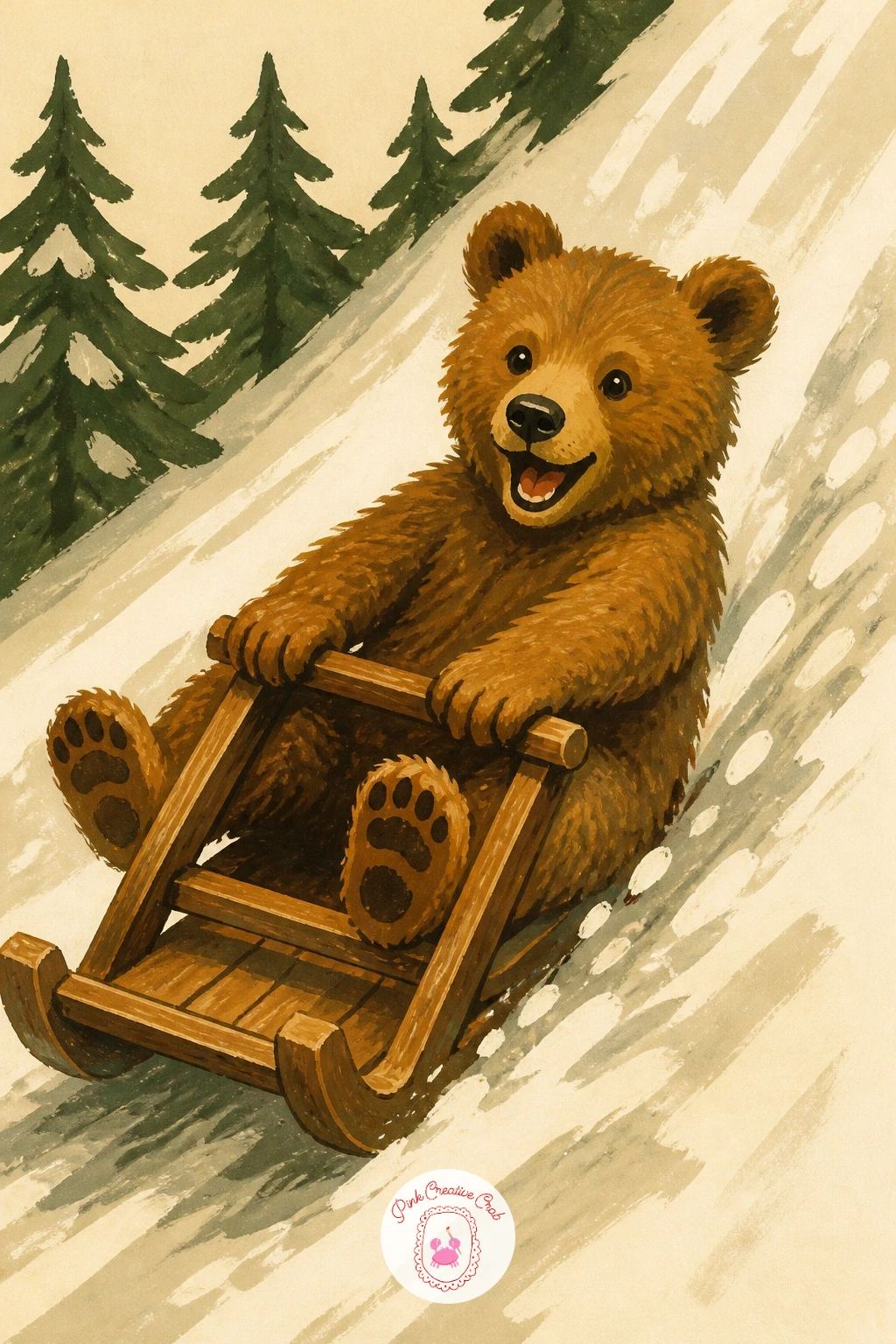 Cub Sledding Down a Hill — Give this cub a confident diagonal, since a sled scene lives or dies on its angle of motion. Bear illustration