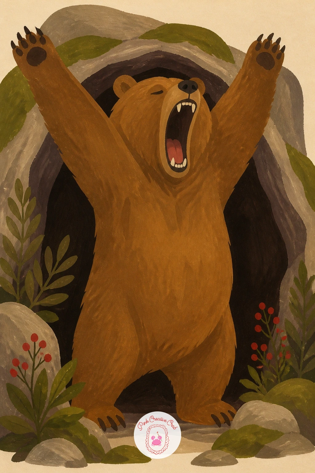 Yawning Hugely at the Den Entrance — Comic timing carries this picture, so exaggerate the yawn more than feels natural at first. Bear illustration
