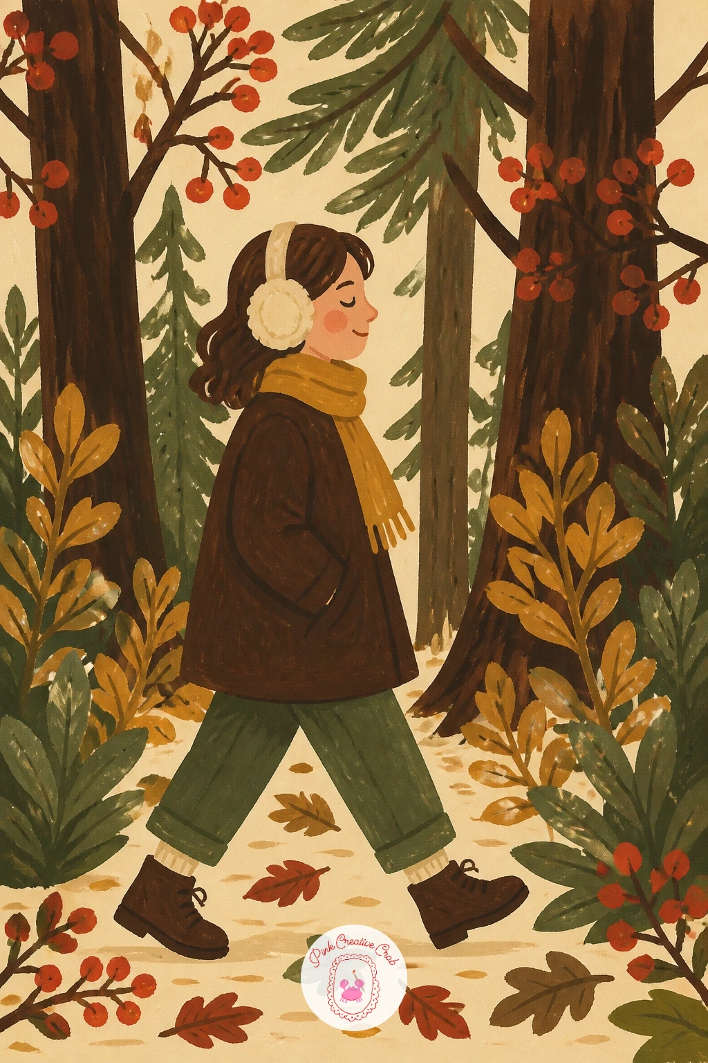 Walking Through the Forest in Earmuffs — Set this bear mid stroll through a snowy forest, a simple way to practice a few background trees without overloading