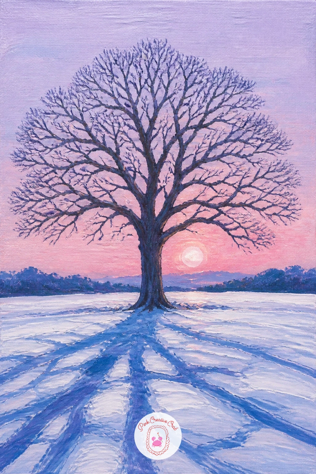Lone Oak in a Snowy Field at Sunrise — Start with the sky, since it sets the mood for everything else. Tree painting