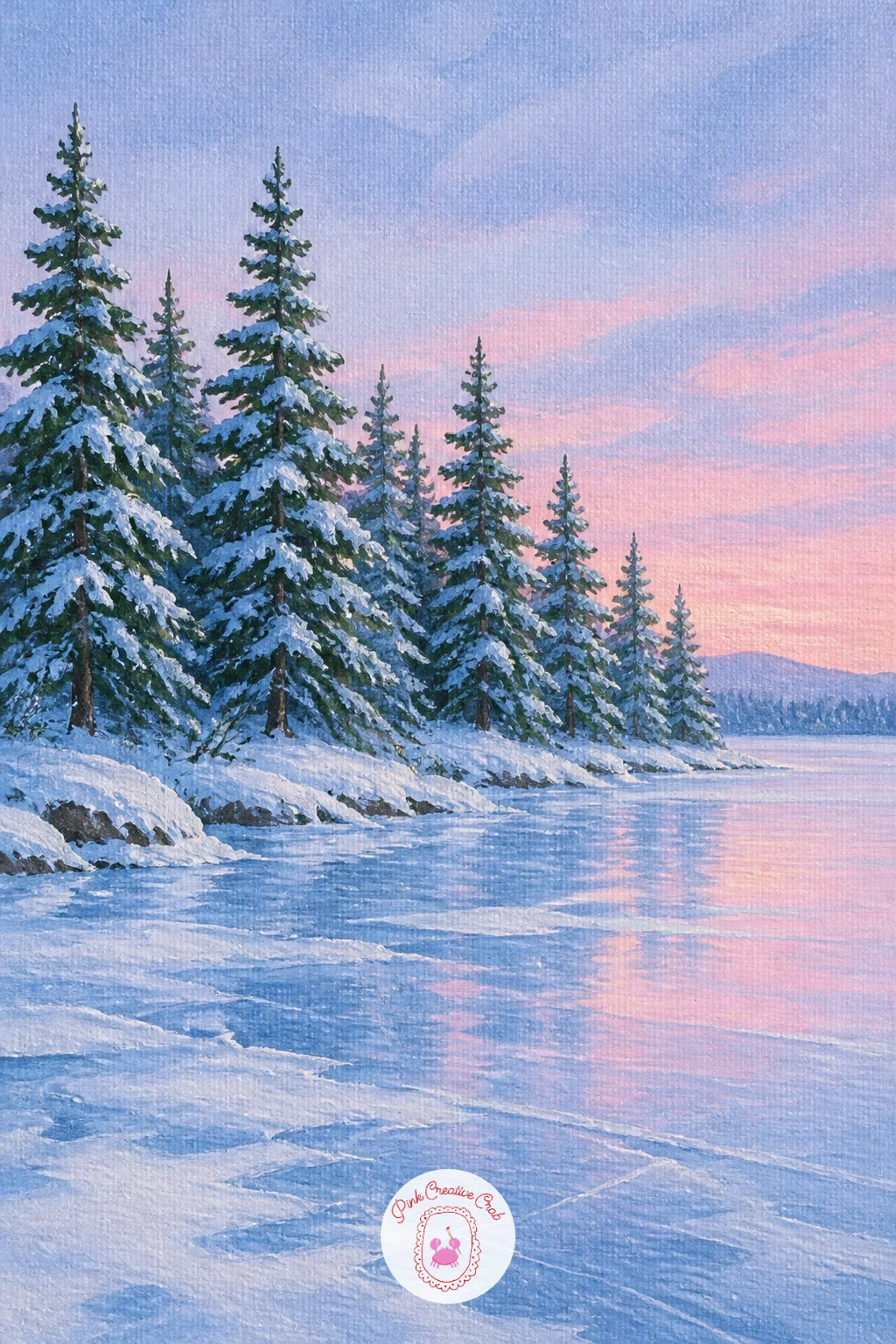 Row of Snowy Pines Along a Frozen Lake Shore — Snowy pines work best painted as a group, so block the whole row in first as simple dark green triangles before