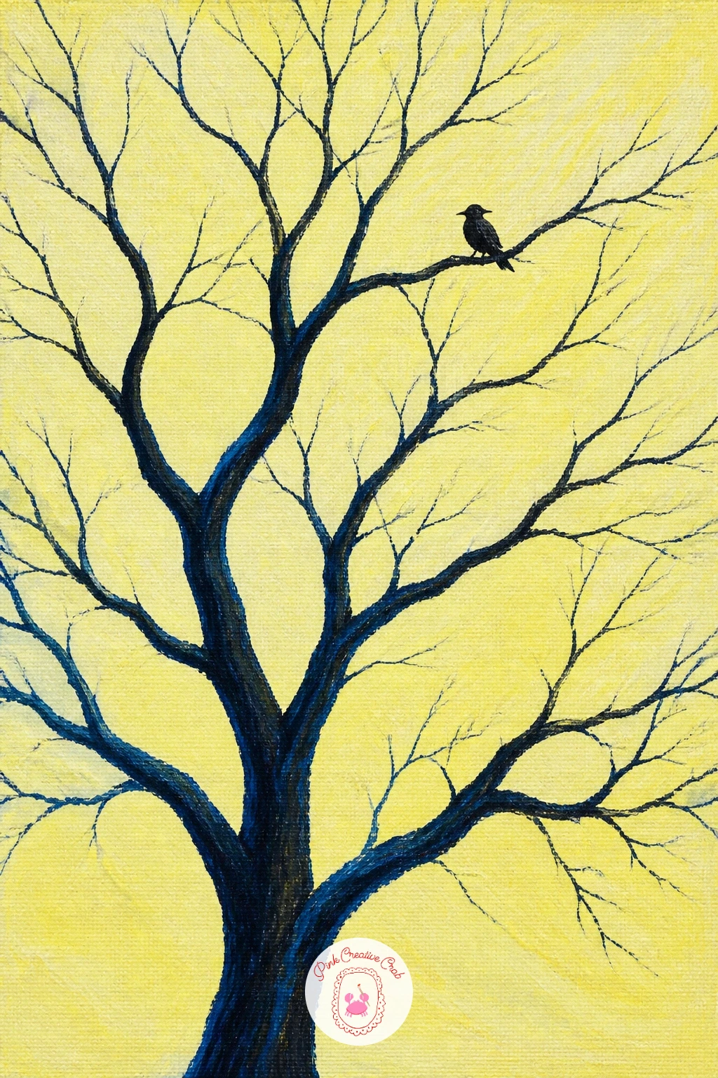 Bare Winter Branches Against a Lemon Sky With a Crow — Bare branches against a pale lemon sky give you a chance to paint light first and detail second. Tree
