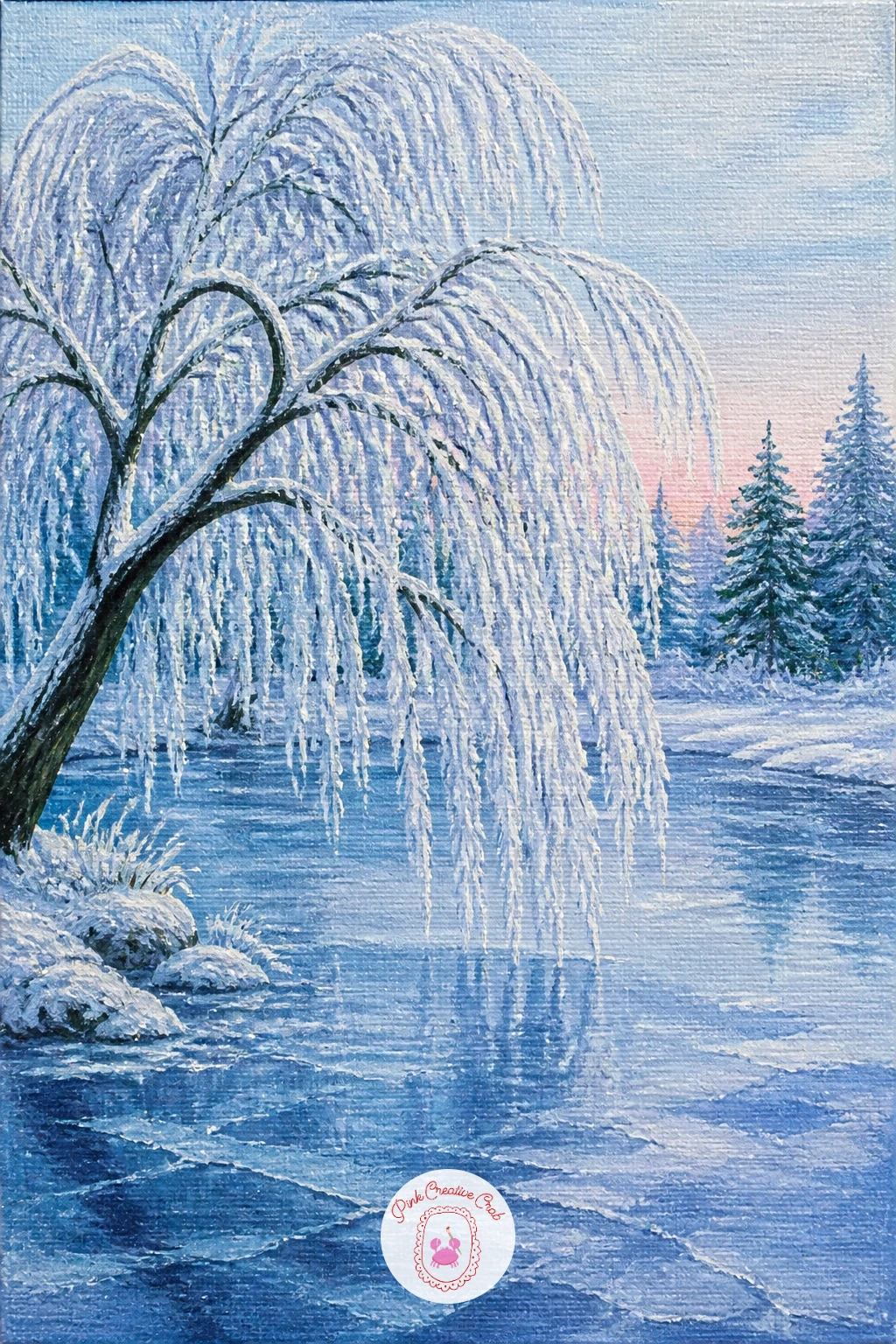Frost-Covered Willow Drooping Over a Frozen Pond — A willow's hanging branches are the whole point of this painting, so give yourself room to let them drape