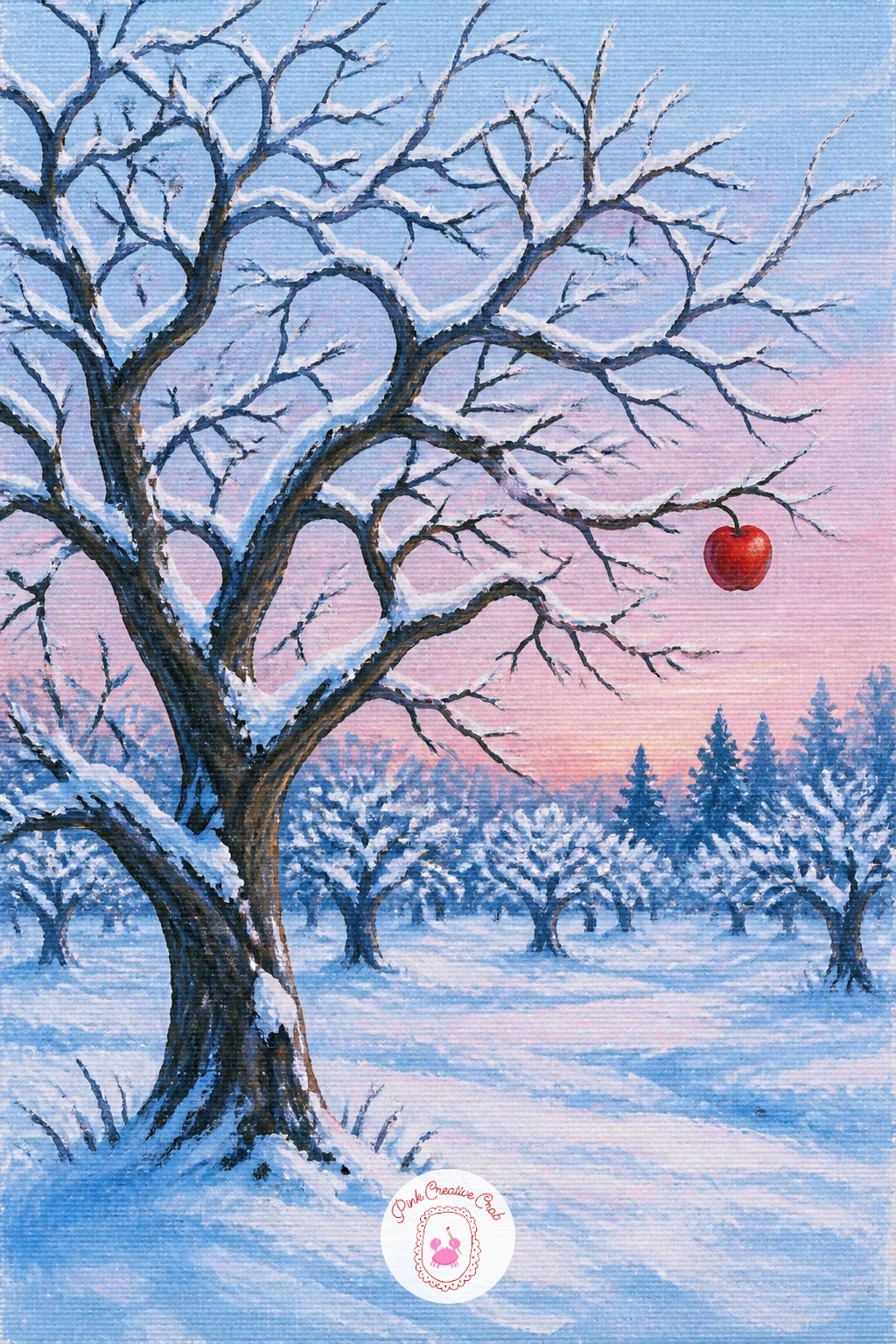 Snowy Apple Tree With One Red Apple Left — An apple tree in winter reads as a bare, slightly gnarled version of its summer self, so start with a short thick