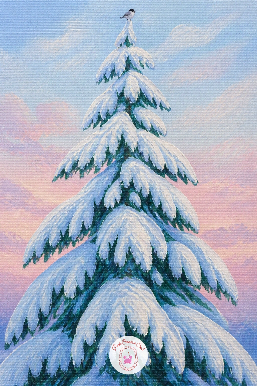 Tall Spruce Bending Under Fresh Snow With a Small Bird — Spruce branches droop under heavy snow rather than staying stiff, so build the tree from the top down