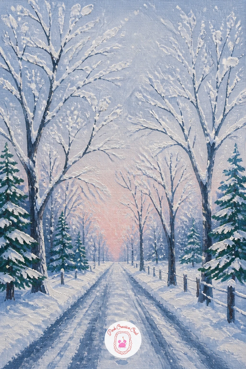 Tree-Lined Country Lane Under Fresh Snowfall — This one asks you to think in perspective rather than a single tree, since the lane's two rows of trees need to
