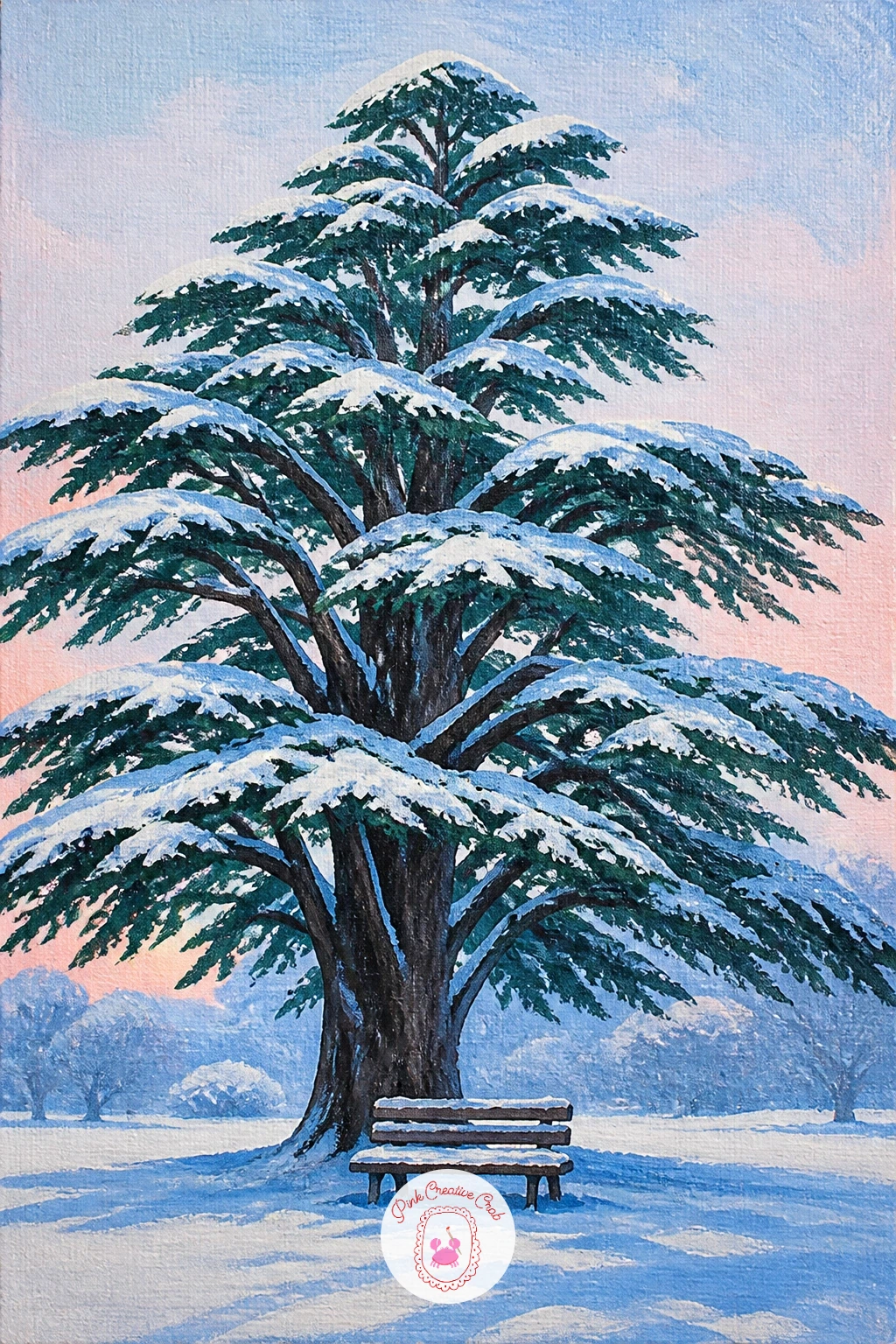 Giant Cedar in a Snowy Park With a Bench Beneath — A cedar's silhouette is wide and layered, almost like soft shelves stacked on top of each other, so block in