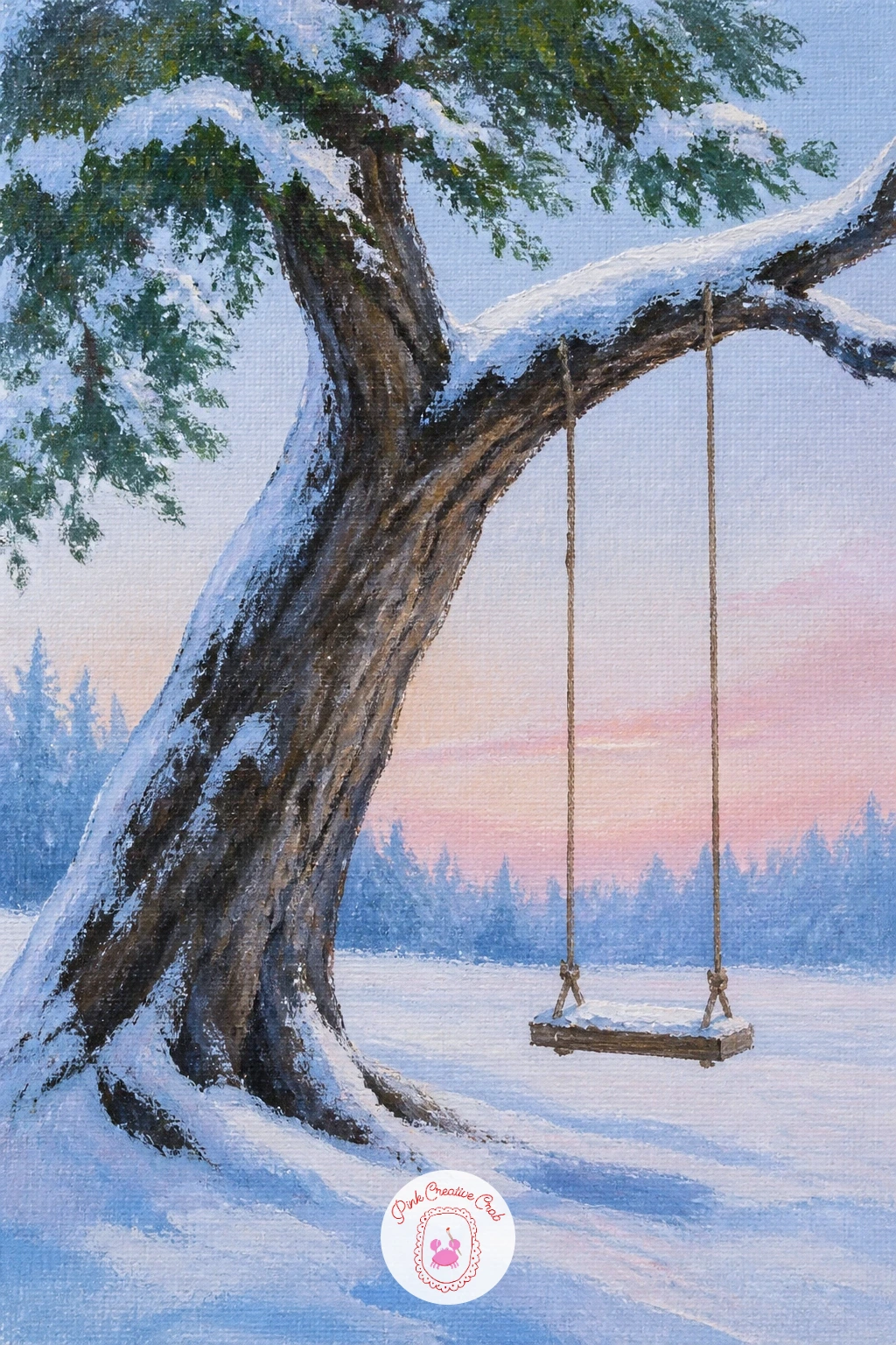 Old Tree With a Wooden Swing Hanging Still in the Snow — An old tree with character needs a trunk that leans or bends slightly rather than standing perfectly