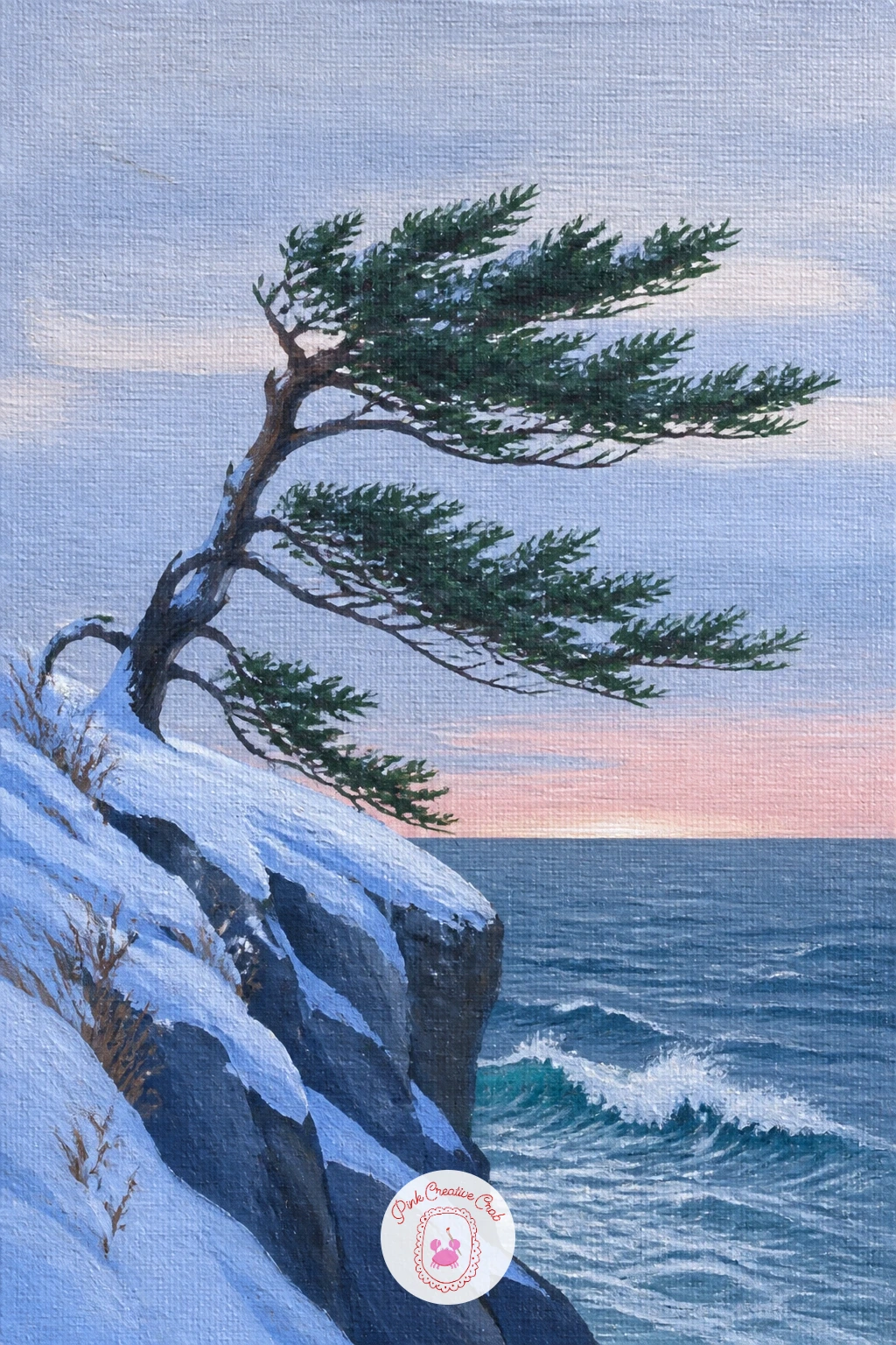 Windswept Pine on a Cliff Edge Above a Winter Sea — A windswept pine leans hard in one direction, its branches pushed mostly to the leeward side, which is what