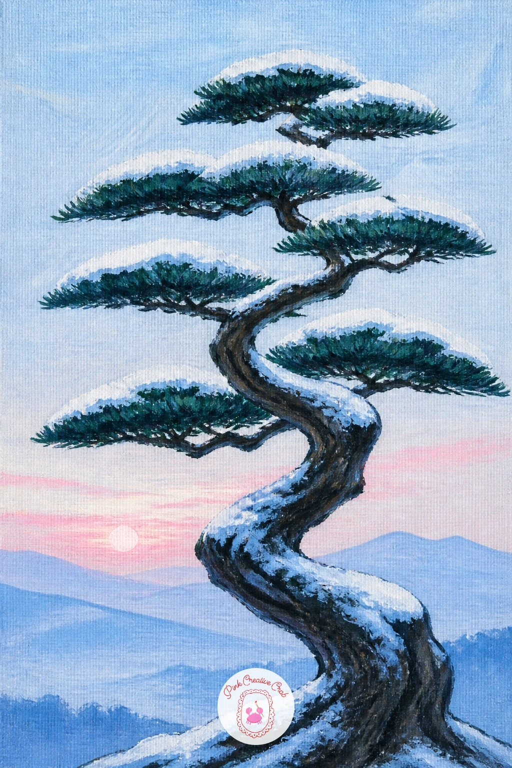 Twisted Bonsai-Shaped Pine With Snow on Flat Branches — This pine's charm is in its flat, horizontal branch shelves rather than any upward growth, so sketch