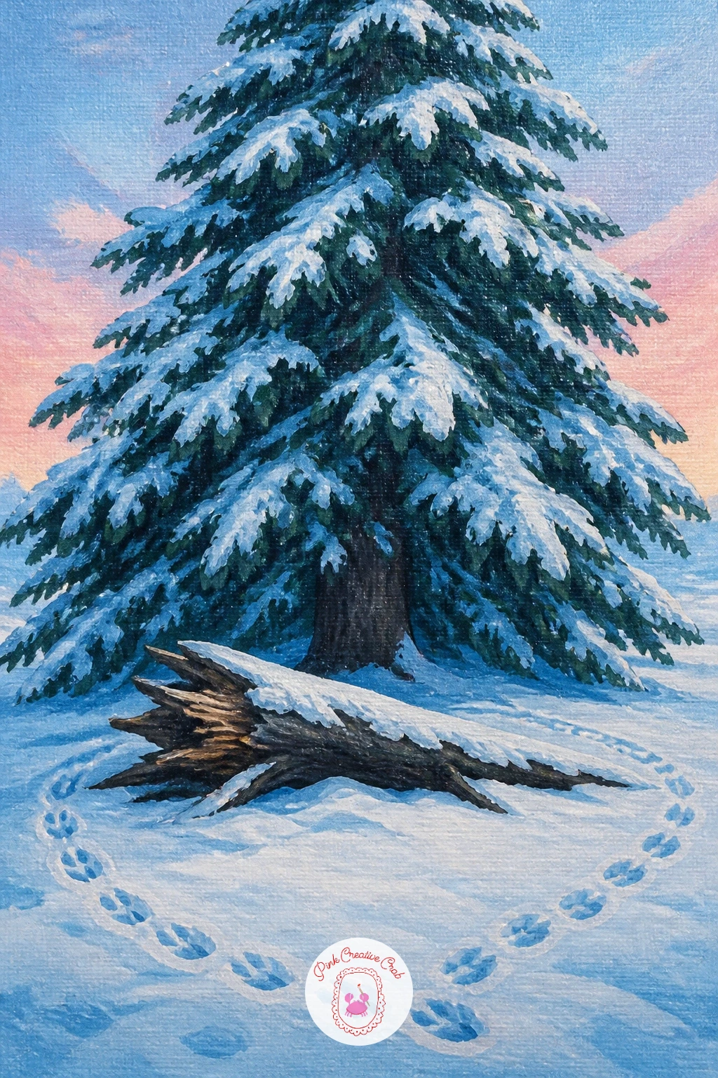 Fallen Log Under a Giant Snowy Fir With Tracks Around It — Build the giant fir first as a tall, dense green triangle, since it needs to dominate the canvas