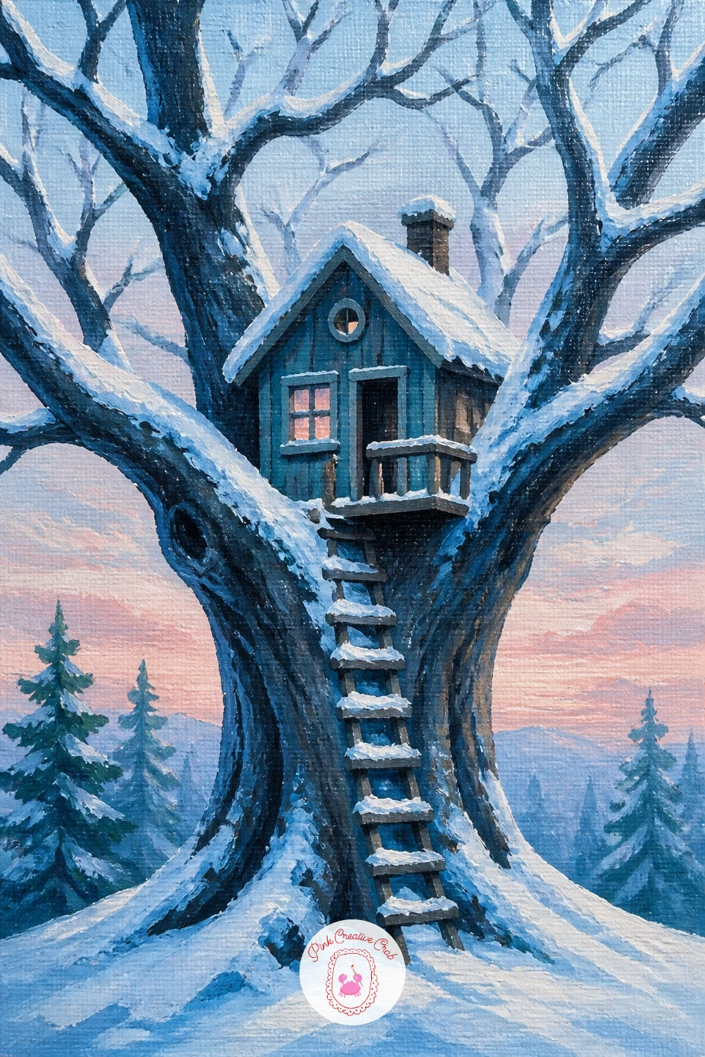 Snowy Treehouse in an Old Maple — A treehouse adds a small structure to balance against all the organic branch shapes, so block in the old maple's trunk and