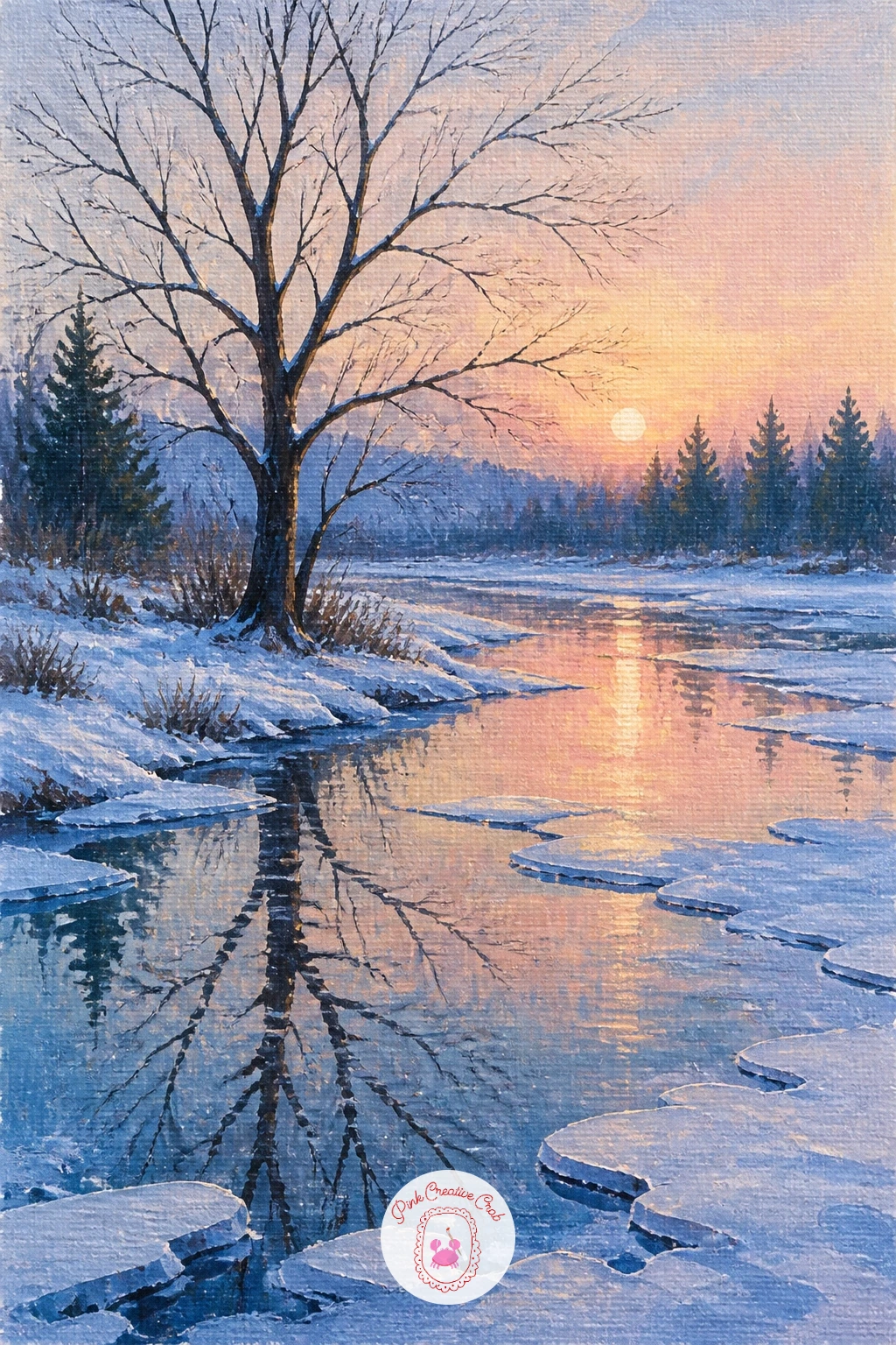Tree Reflected in a Half-Frozen River at Dawn — Painting a reflection means doubling your tree, almost, so once the main tree is finished above the waterline