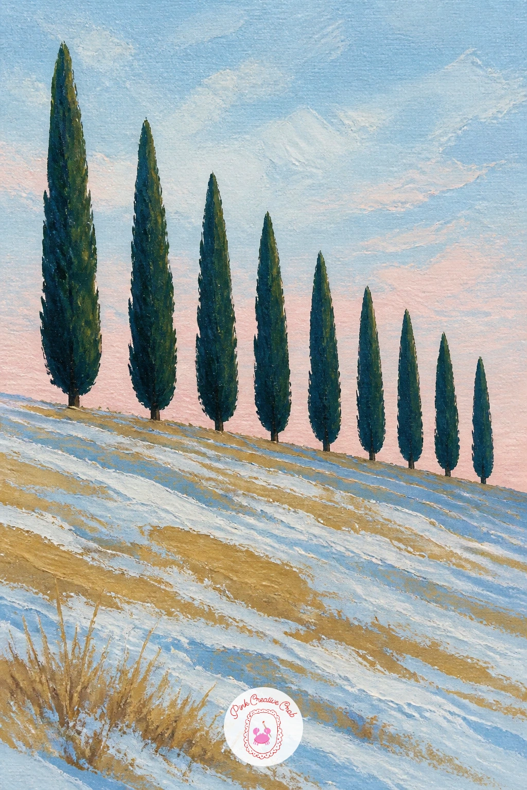 Row of Cypresses on a Snowy Tuscan Hill — Cypresses are tall, narrow and pointed, almost like dark green exclamation marks standing in a row up a hillside, so