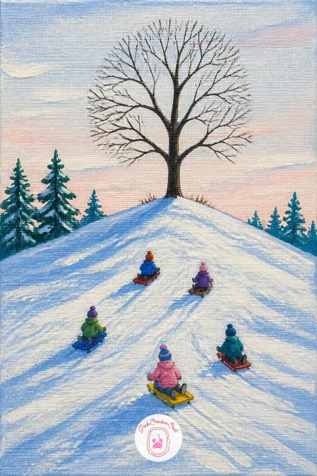 Lone Tree on a Hilltop With Children Sledding Below — The lone hilltop tree stays the main subject here, so keep it large and detailed while the sledding