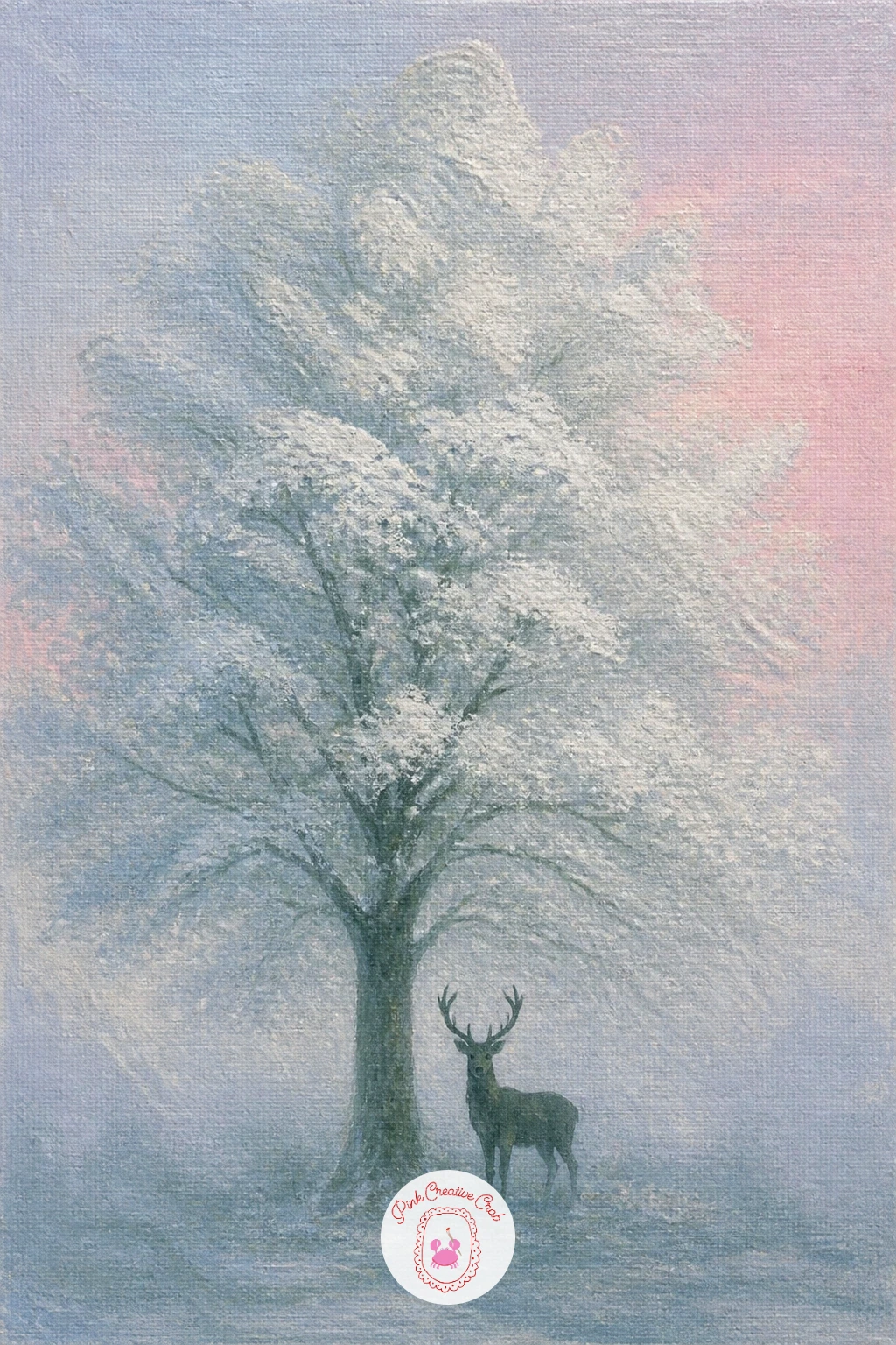 White Frosted Tree in Fog With a Deer at Its Base — Fog softens everything, so this tree should have the softest edges of any idea on this list. Tree painting