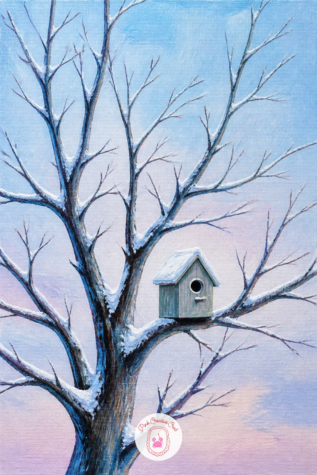 Bare Cherry Tree With a Snow-Dusted Birdhouse — Cherry trees in winter have a particularly elegant branch structure, often more delicate and upward reaching