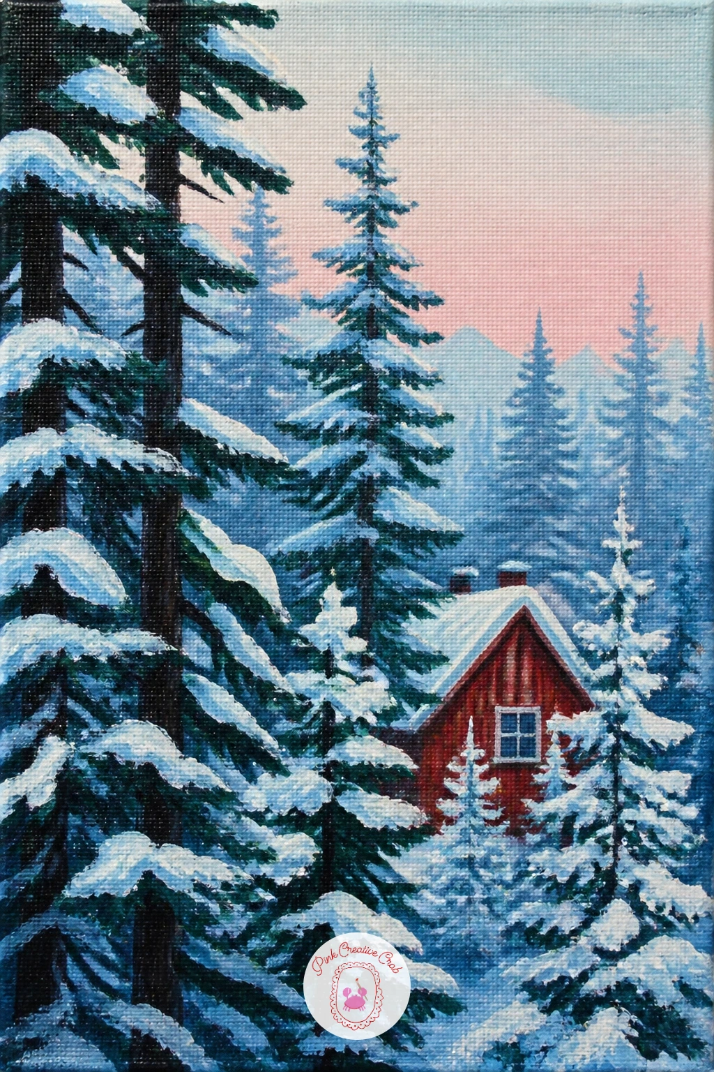Pine Forest Edge With a Red Cabin Peeking Through — This one builds depth with layers, so start with the furthest trees as a simple soft blue-green mass, then