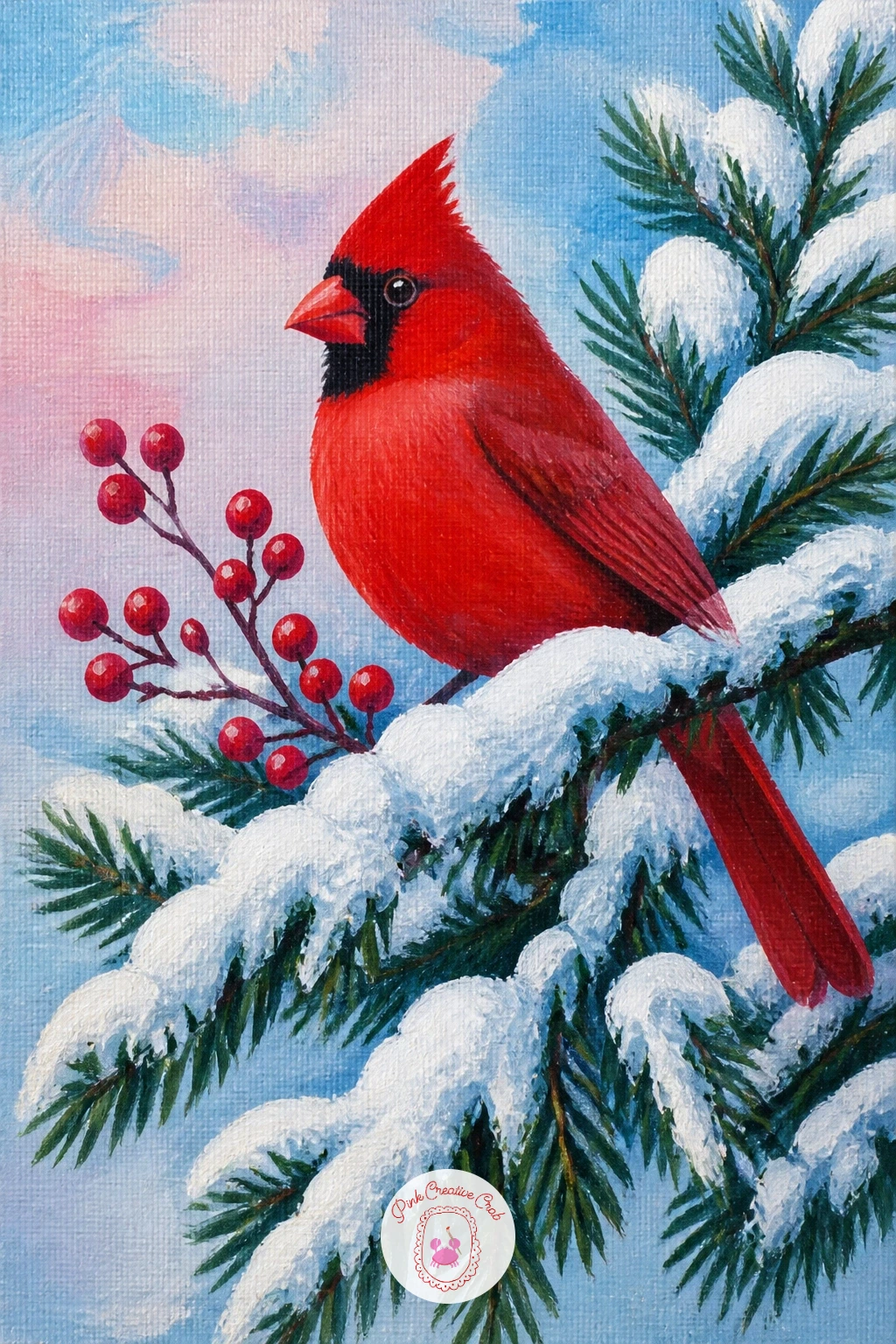 Snowy Evergreen With a Red Cardinal and Berry Sprig — Build the evergreen as a full, dense triangle shape first, layering darker and lighter greens so the tree
