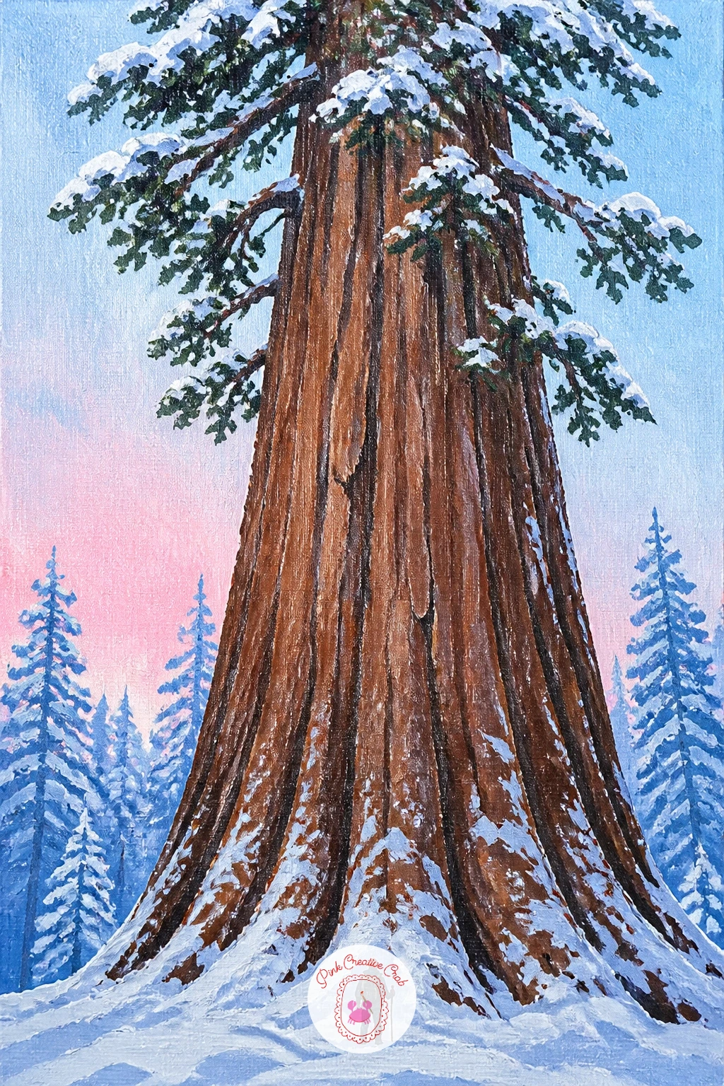 Giant Sequoia With Snowy Branches and a Tiny Hiker — A sequoia's whole appeal is scale, so give the trunk real width, filling a good portion of the canvas on